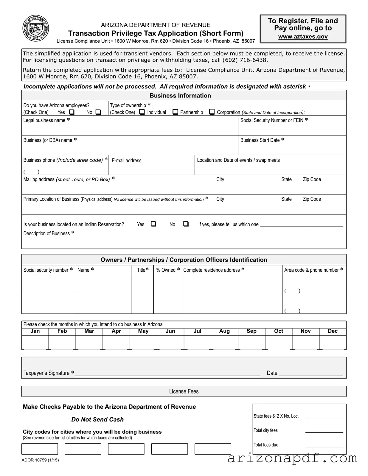 Fill in a Valid Ador 10759 Arizona Template
