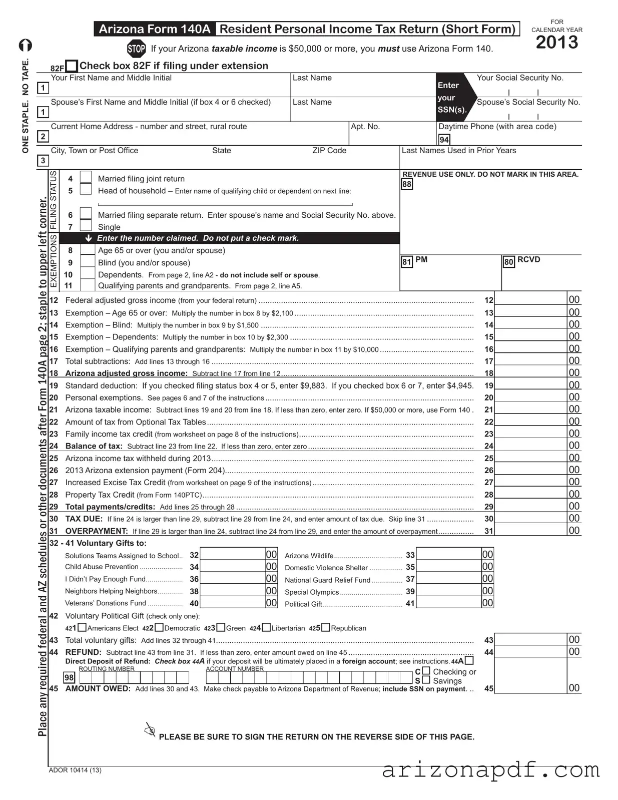 Fill in a Valid Arizona 140A Template