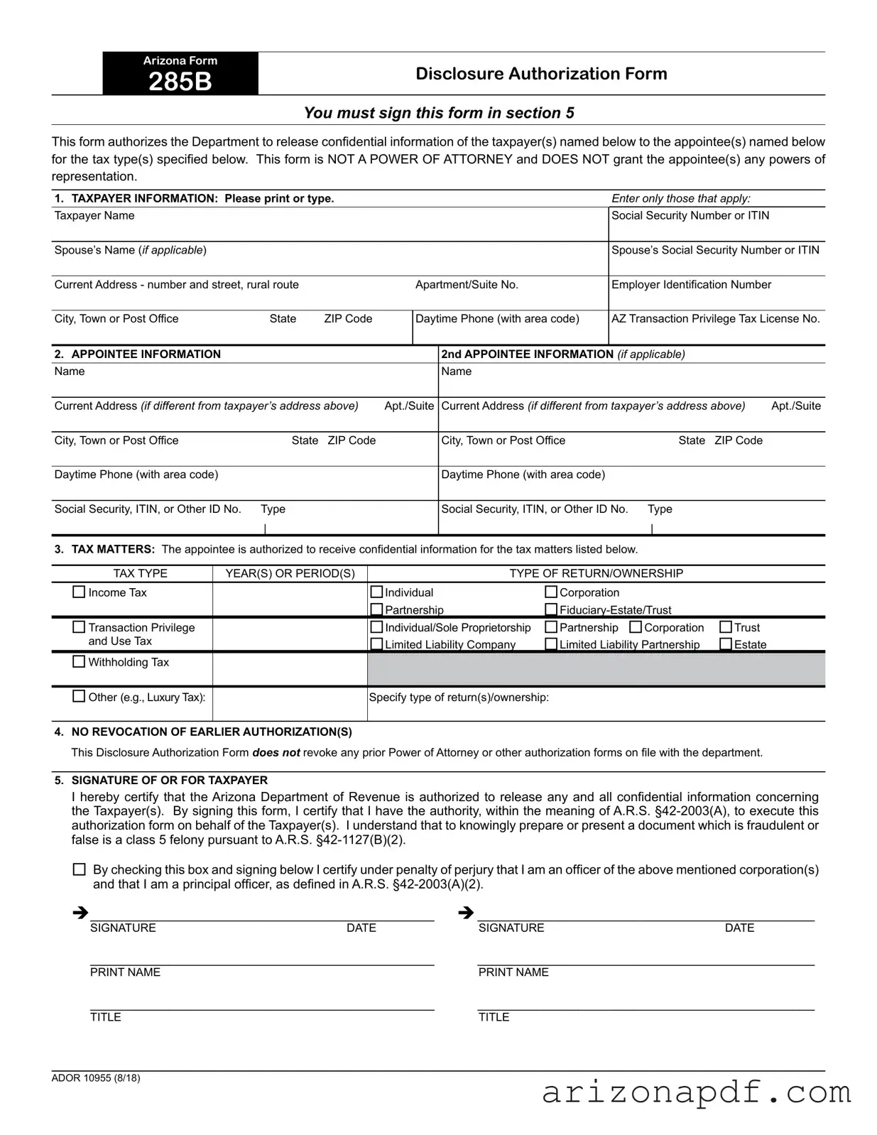 Fill in a Valid Arizona 285 Template
