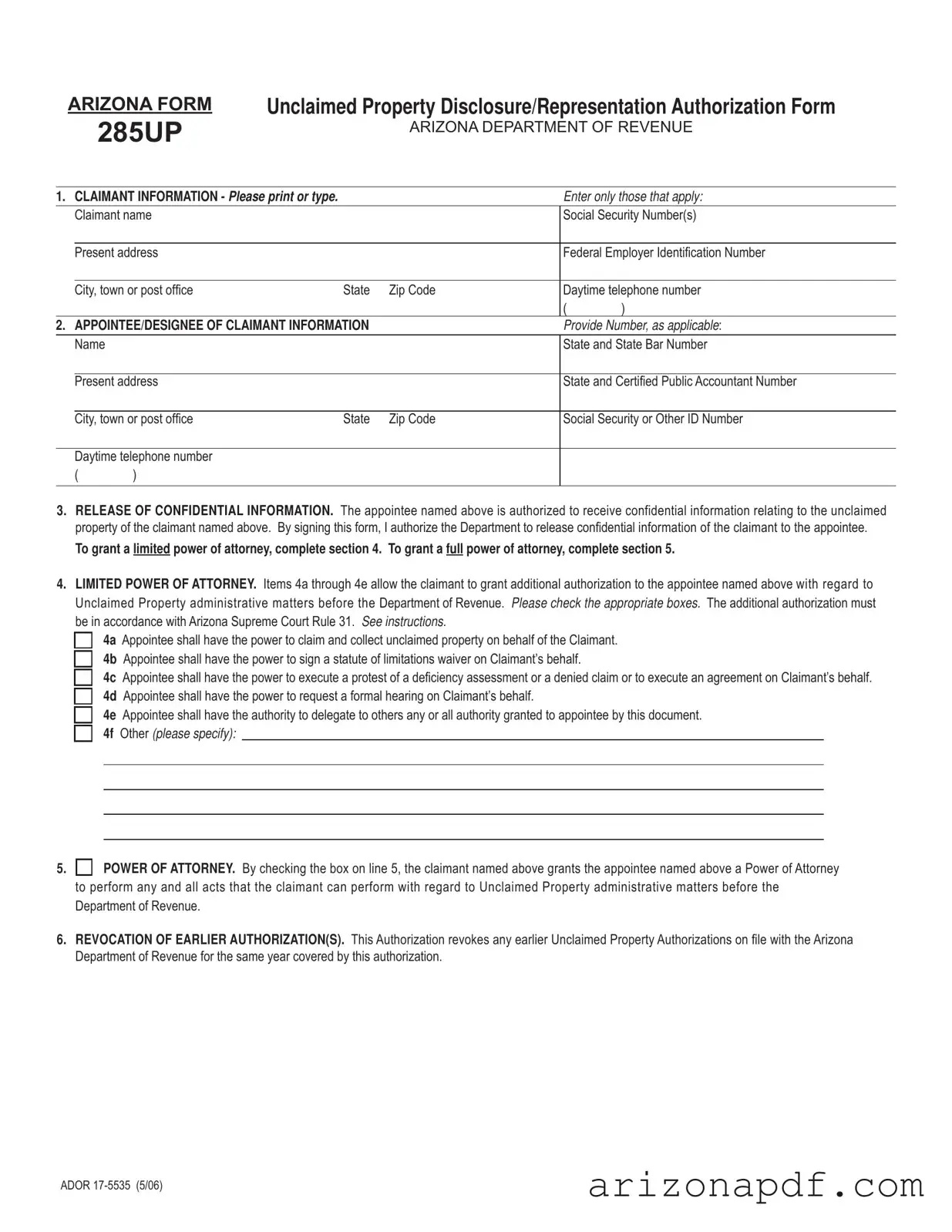 Fill in a Valid Arizona 285Up Template