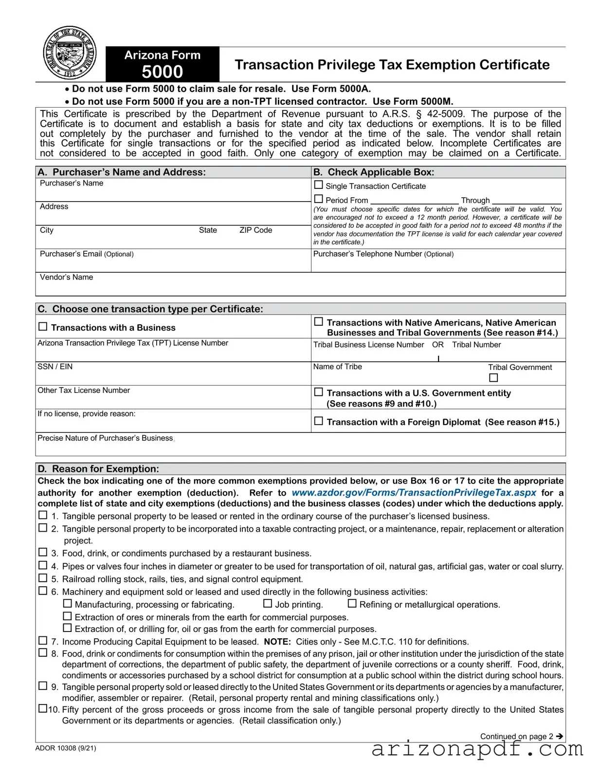 Fill in a Valid Arizona 5000 Template