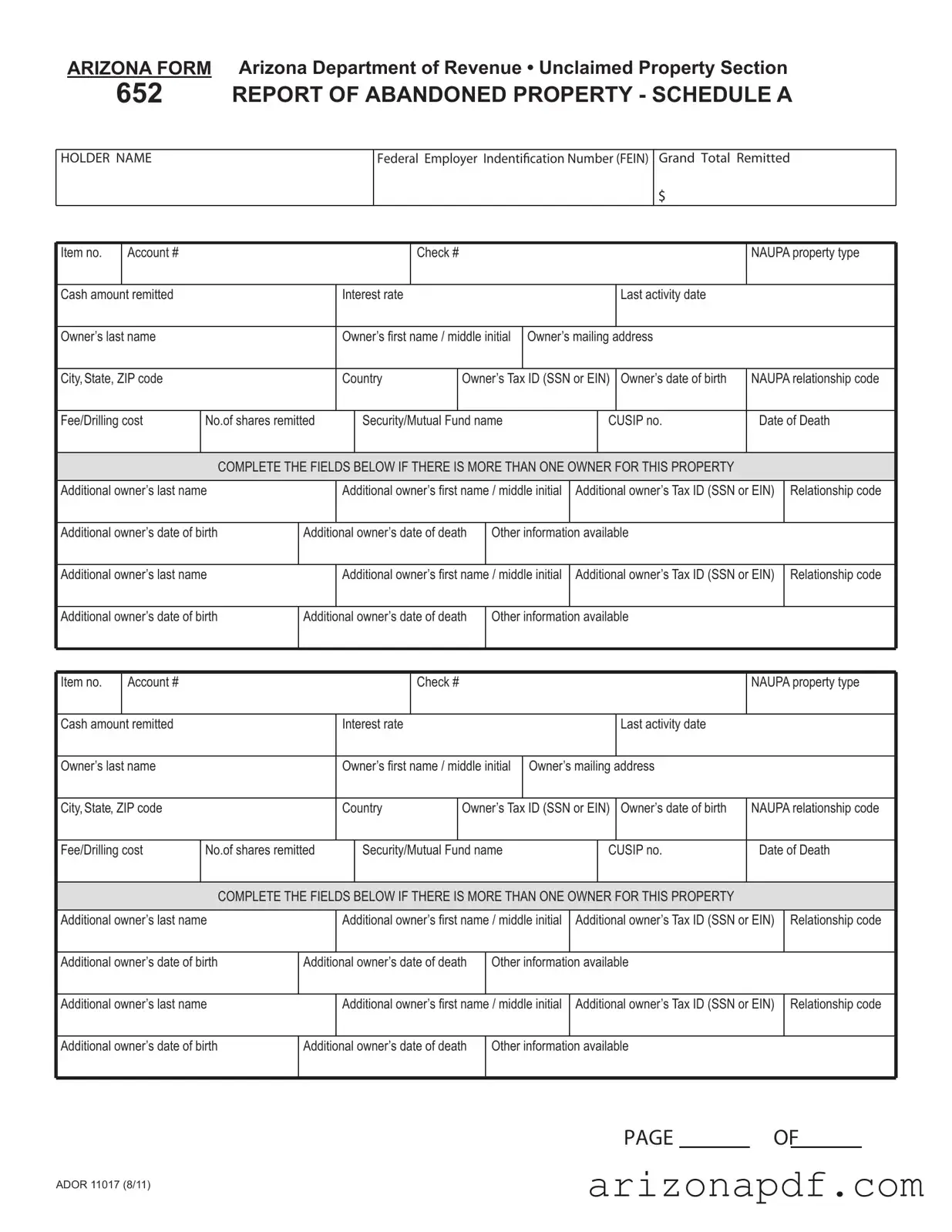 Fill in a Valid Arizona 652 Template