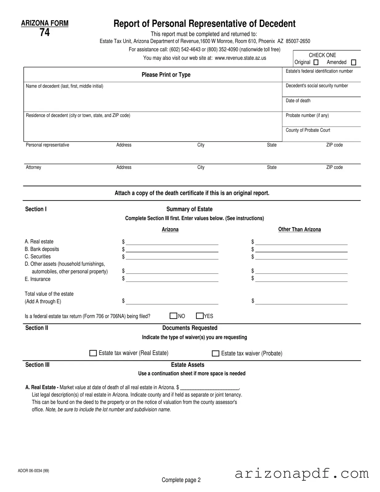 Fill in a Valid Arizona 74 Template