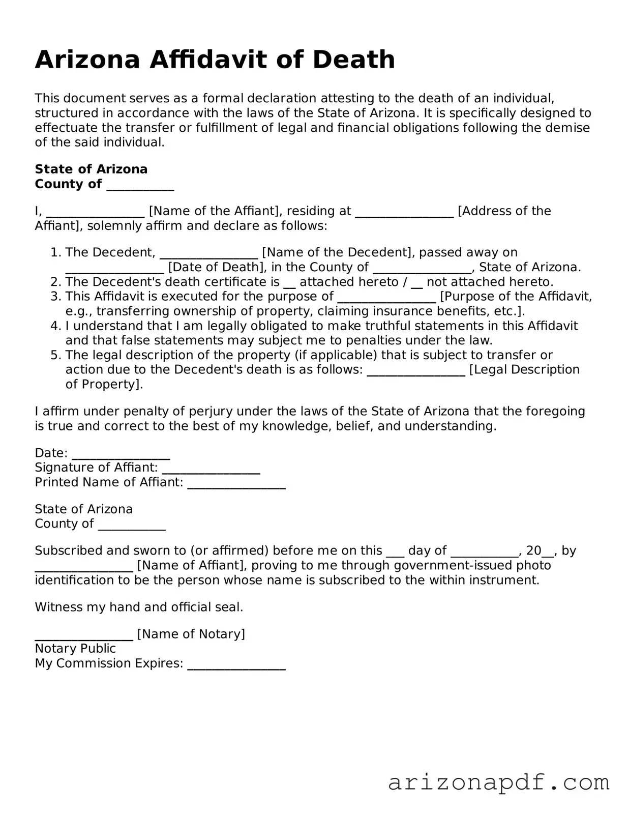 Legal Arizona Affidavit of Death Document