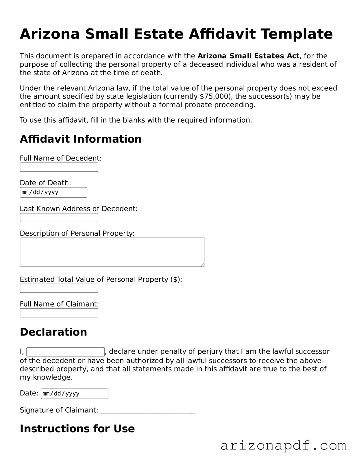Legal Arizona Small Estate Affidavit Document
