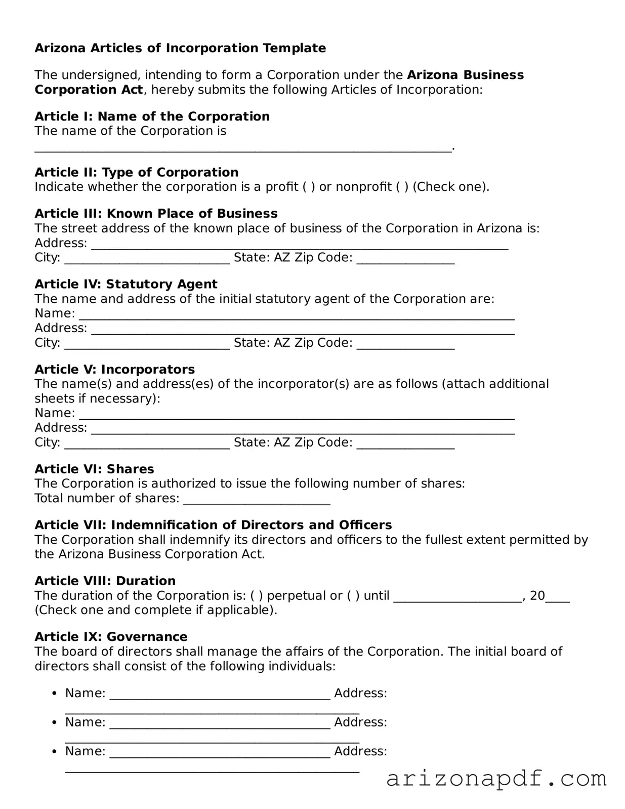 Legal Arizona Articles of Incorporation Document