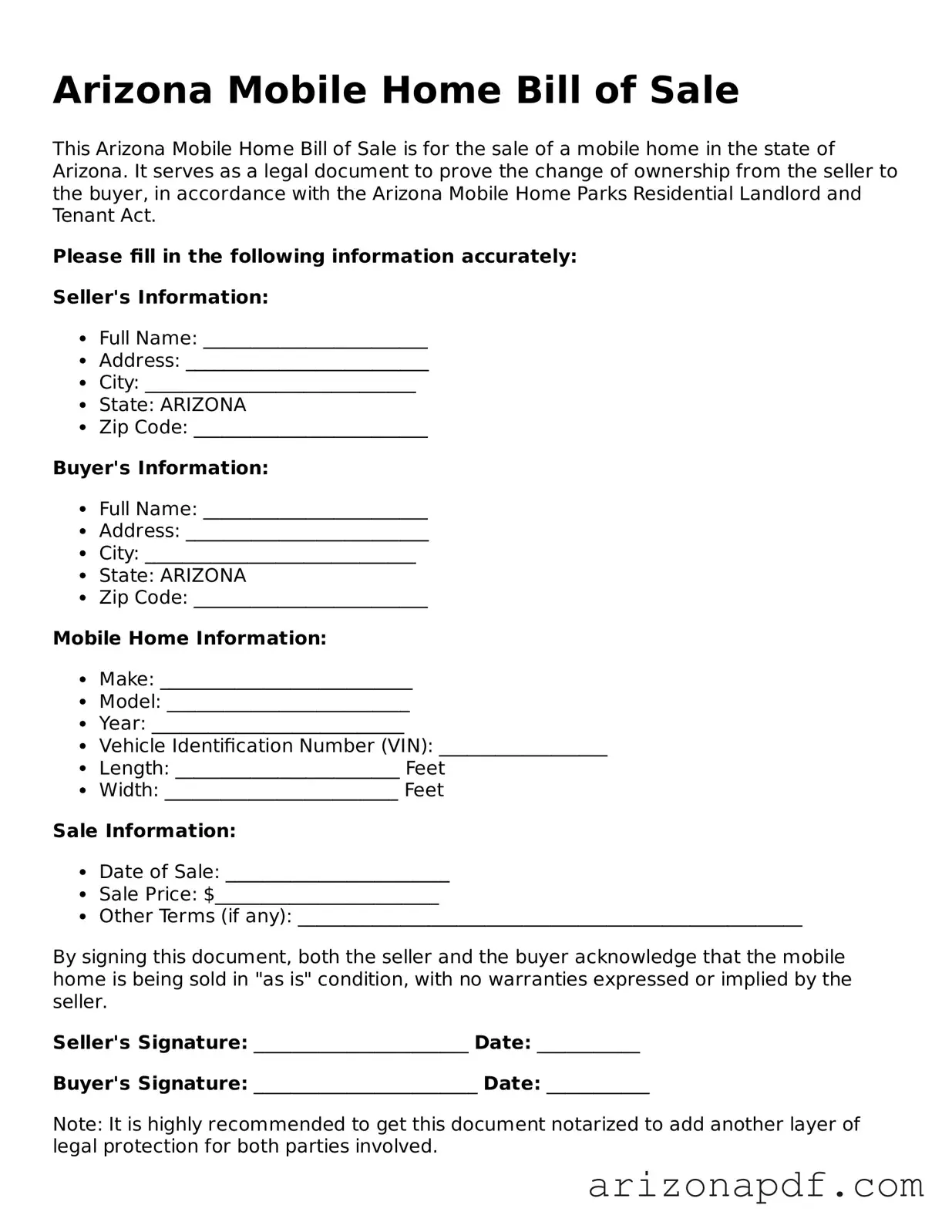 Legal Arizona Mobile Home Bill of Sale Document