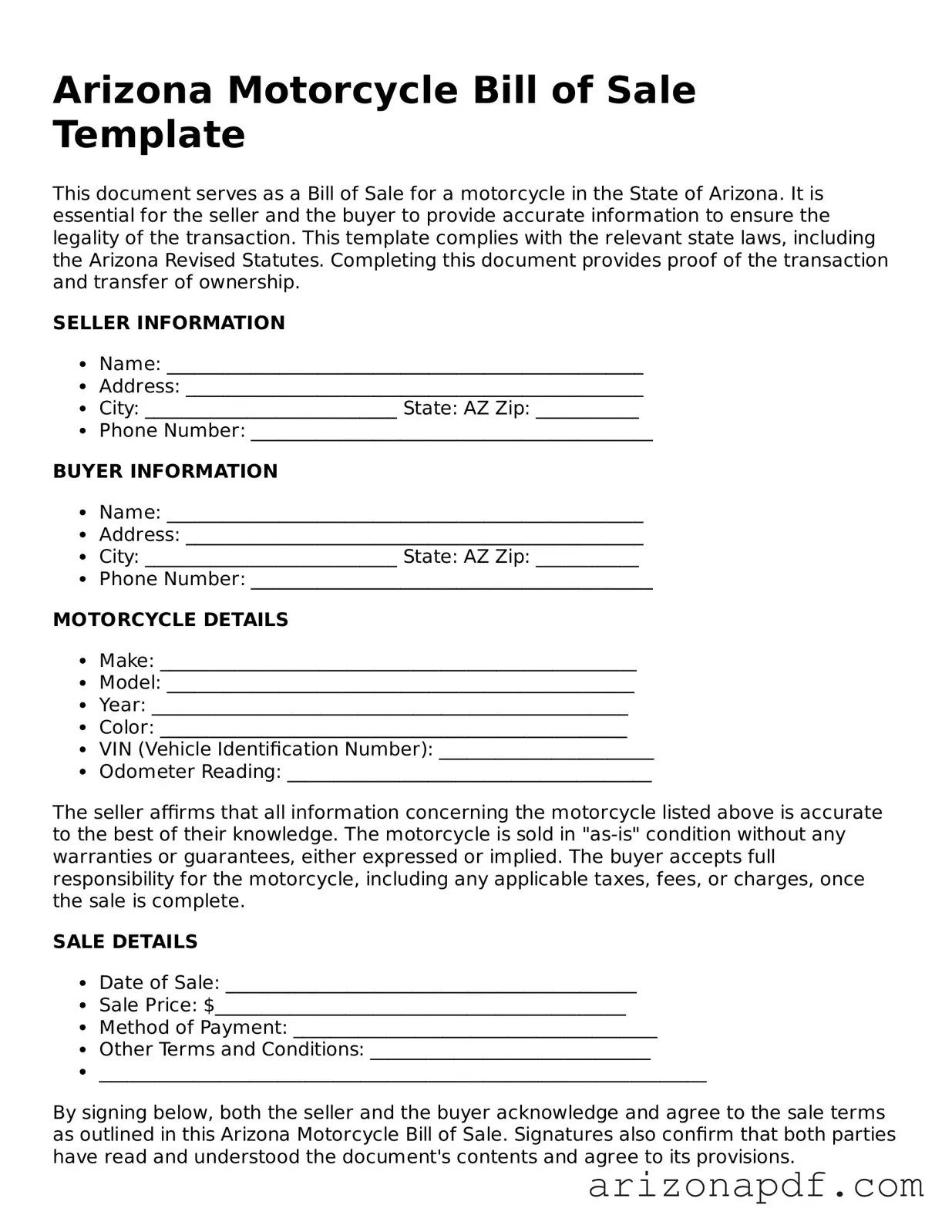 Legal Arizona Motorcycle Bill of Sale Document