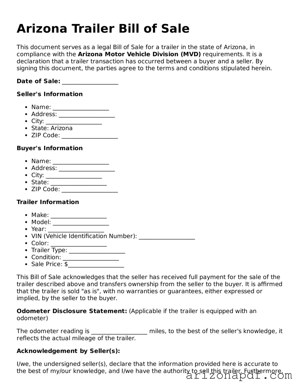 Legal Arizona Trailer Bill of Sale Document