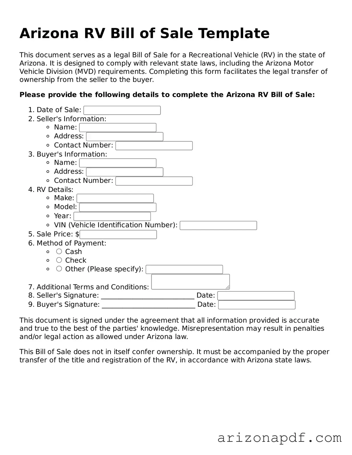 Legal Arizona RV Bill of Sale Document