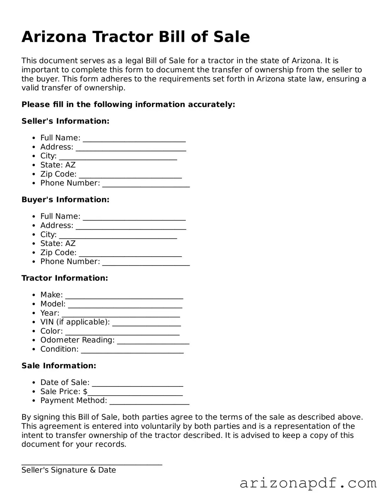 Legal Arizona Tractor Bill of Sale Document
