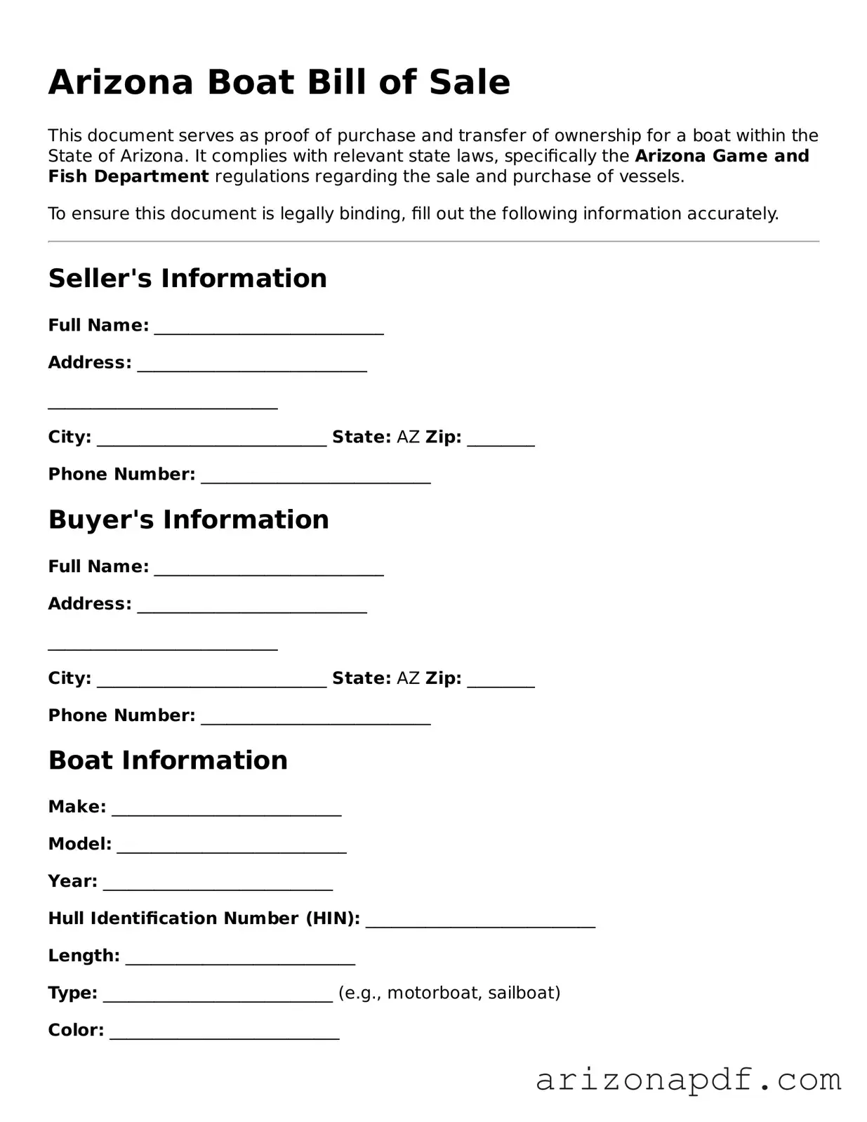 Legal Arizona Boat Bill of Sale Document