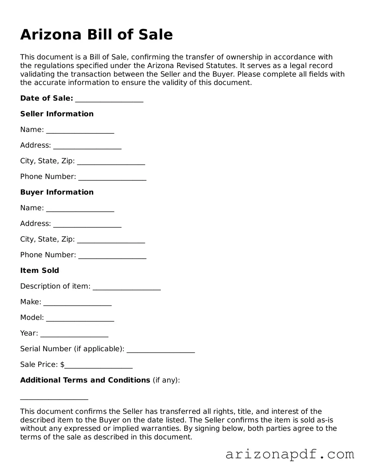 Legal Arizona Bill of Sale Document