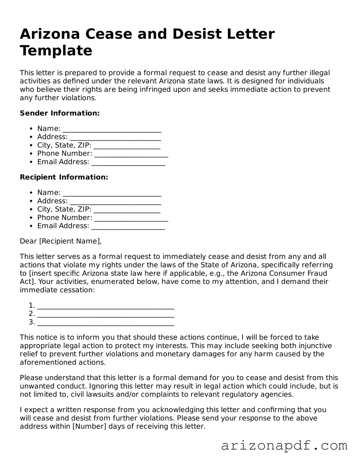 Legal Arizona Cease and Desist Letter Document