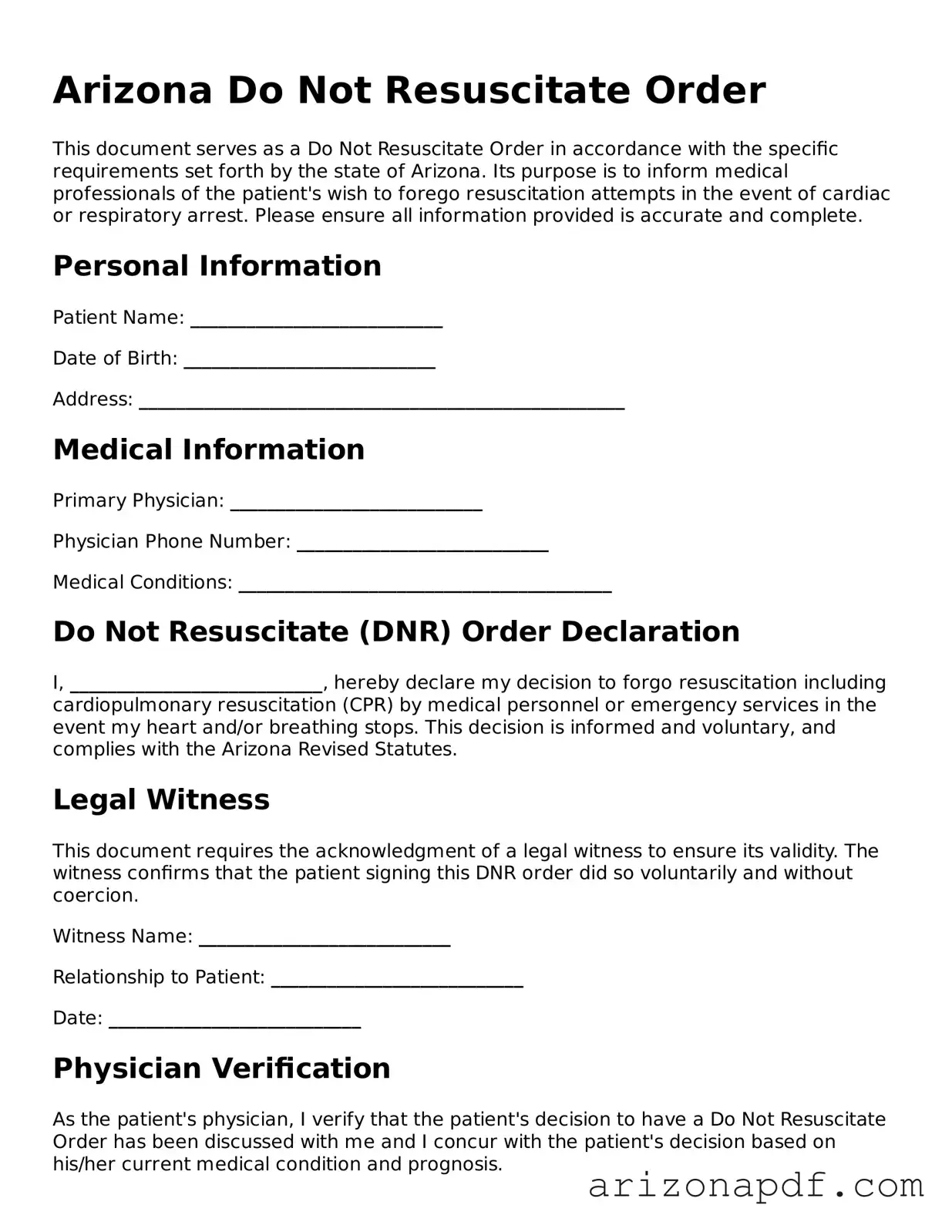 Legal Arizona Do Not Resuscitate Order Document