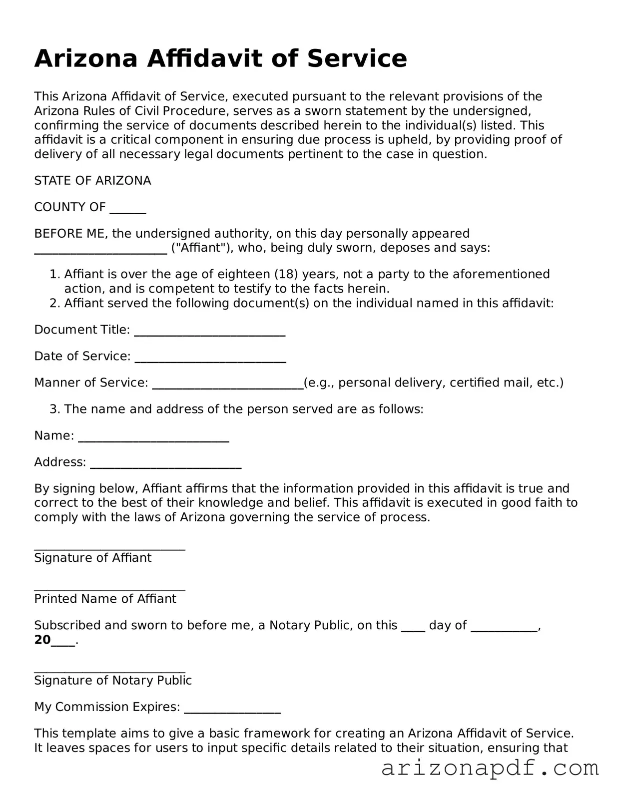 Legal Arizona Affidavit of Service Document