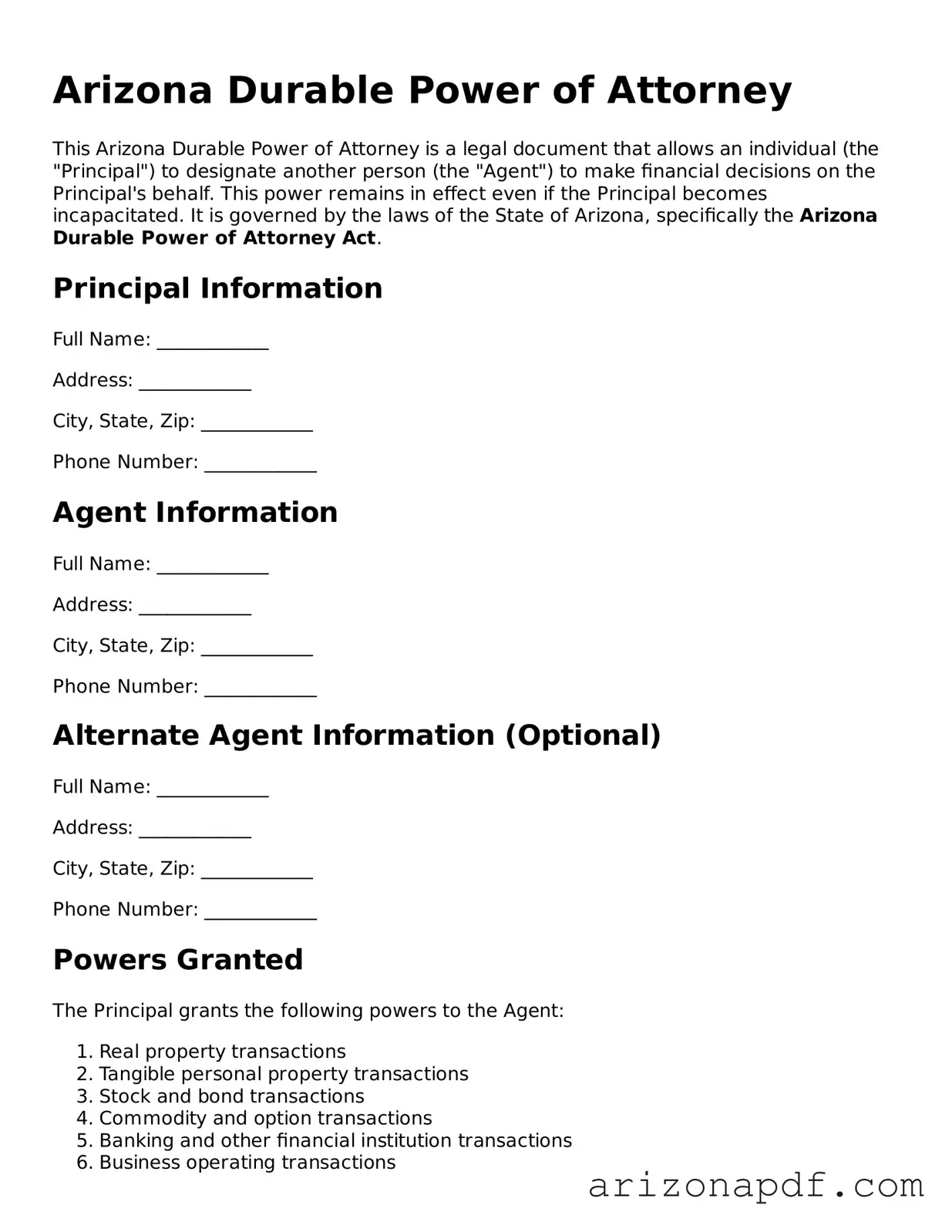 Legal Arizona Durable Power of Attorney Document