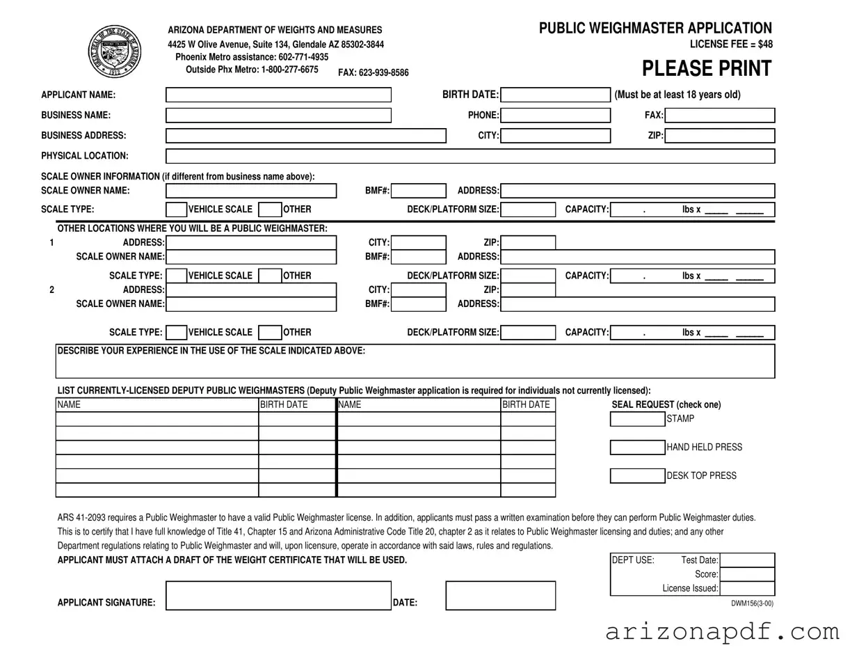 Fill in a Valid Arizona Dwm156 Template