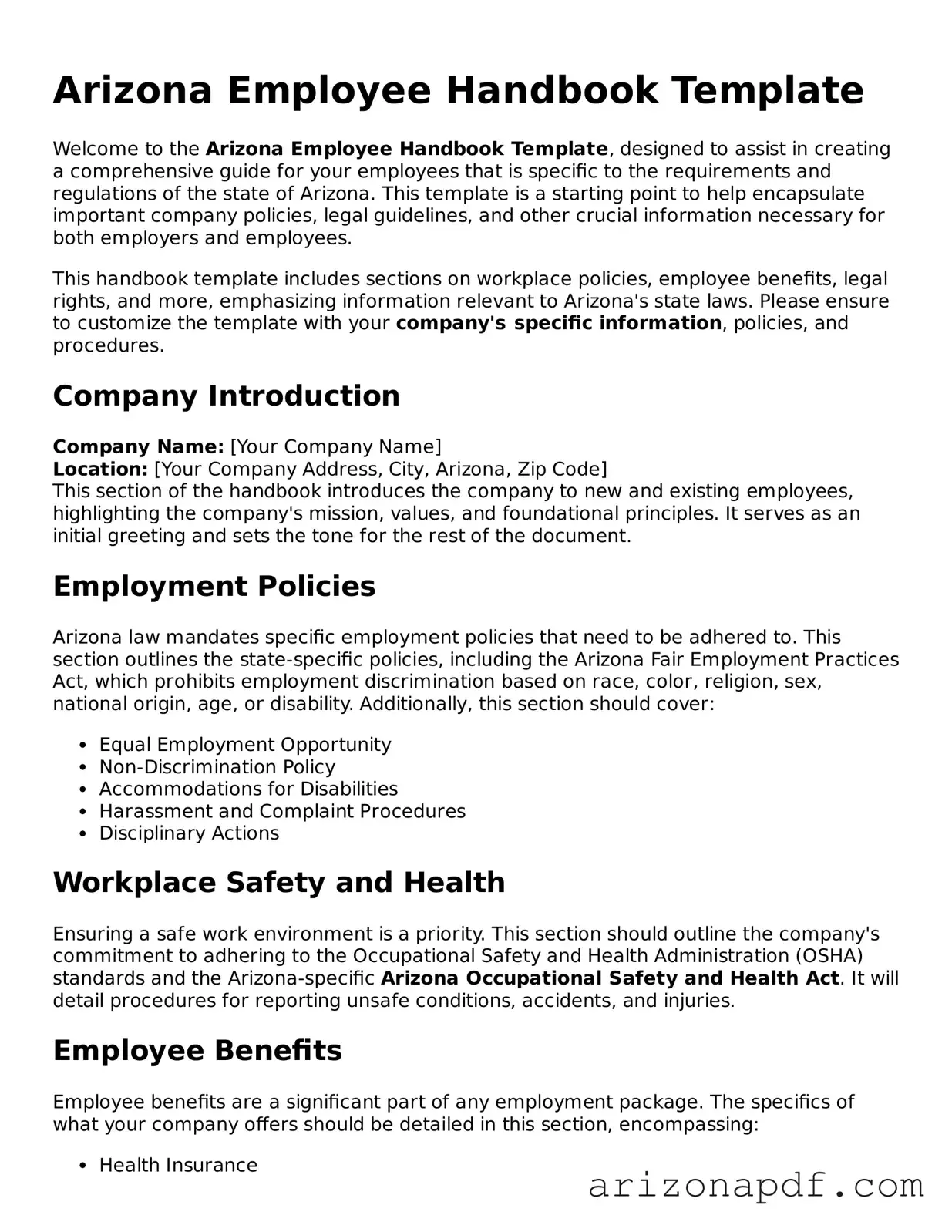 Legal Arizona Employee Handbook Document