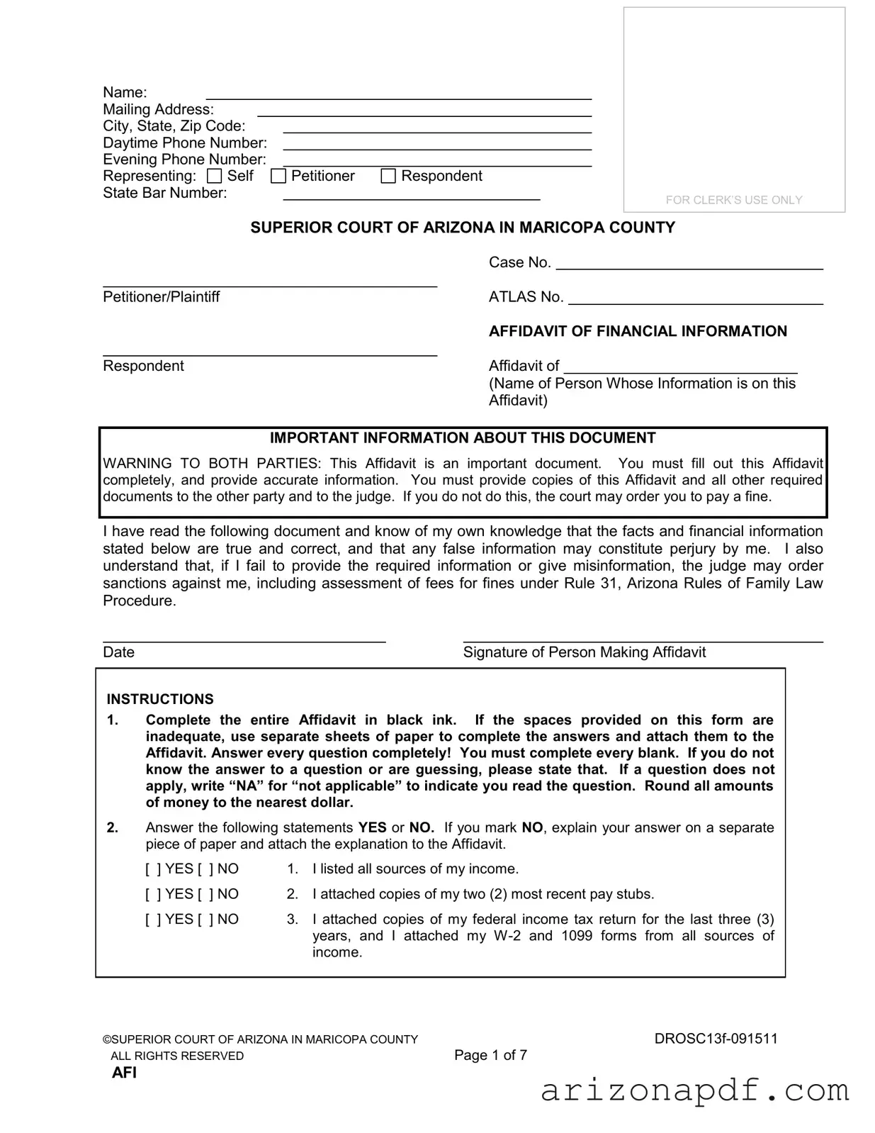 Fill in a Valid Arizona Financial Template