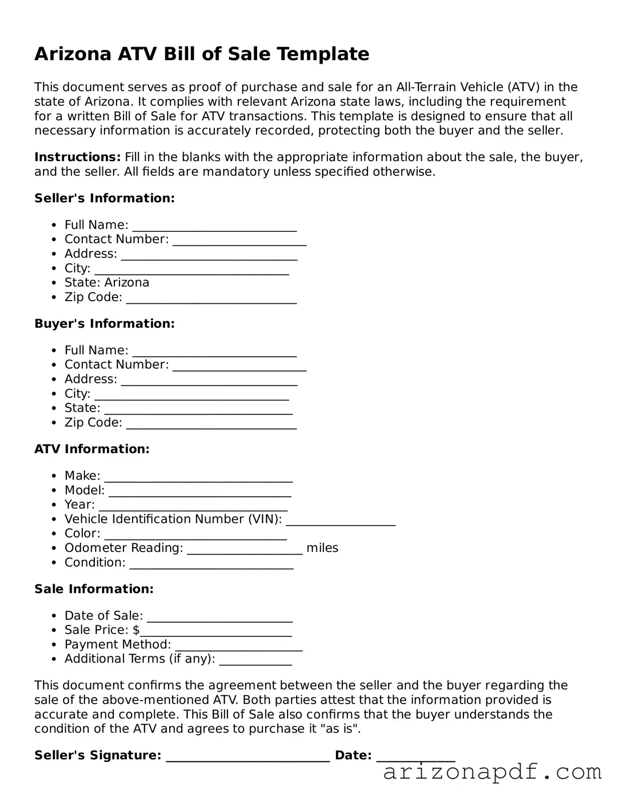 Legal Arizona ATV Bill of Sale Document
