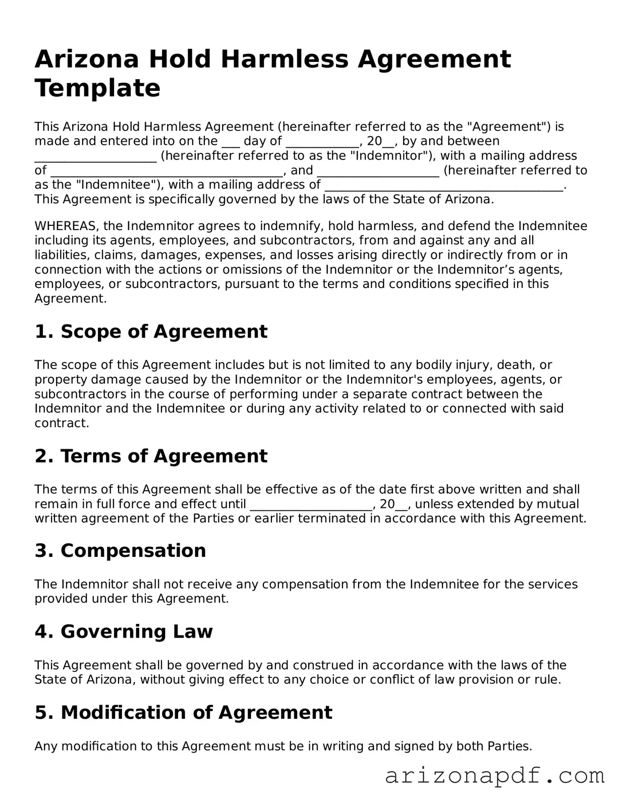 Legal Arizona Hold Harmless Agreement Document