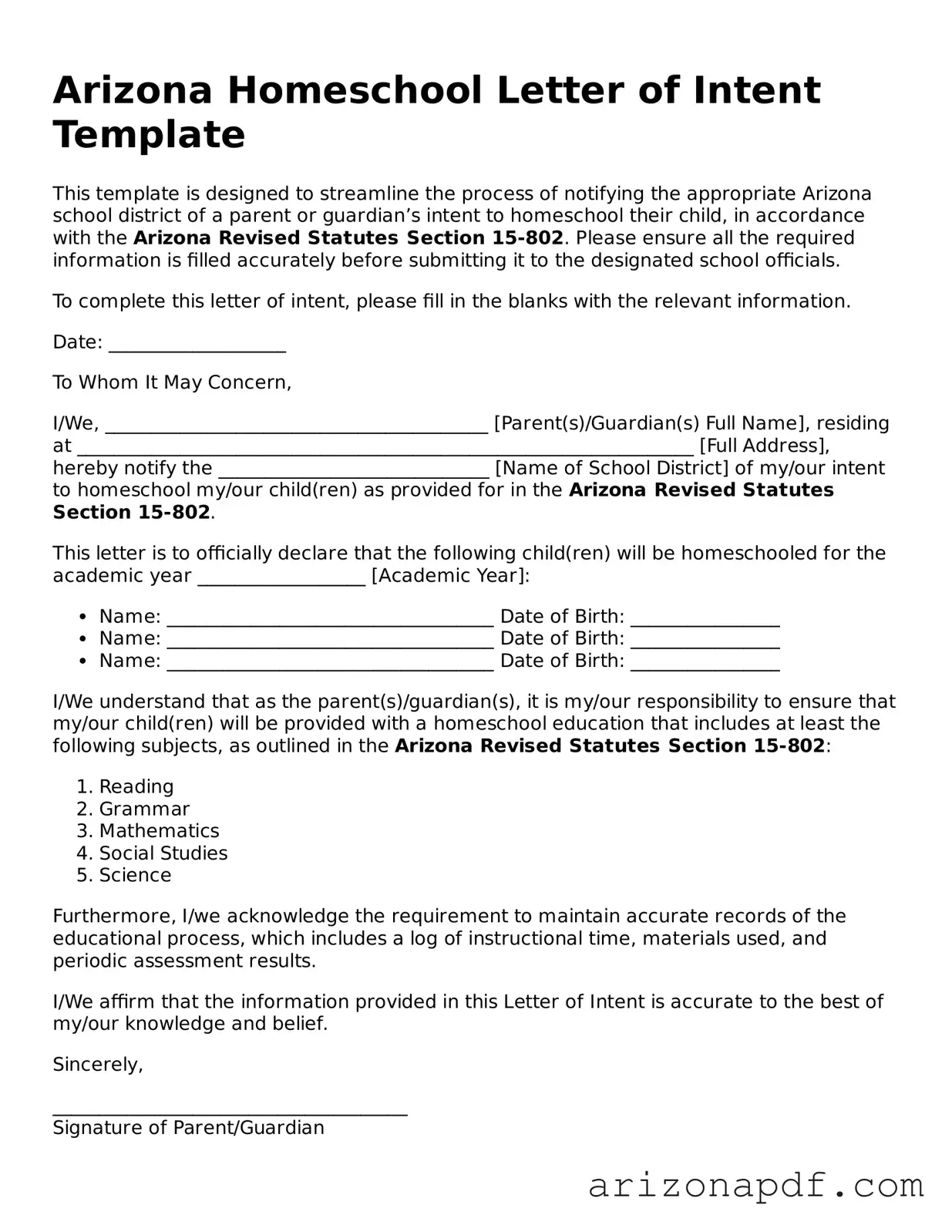 Legal Arizona Homeschool Letter of Intent Document