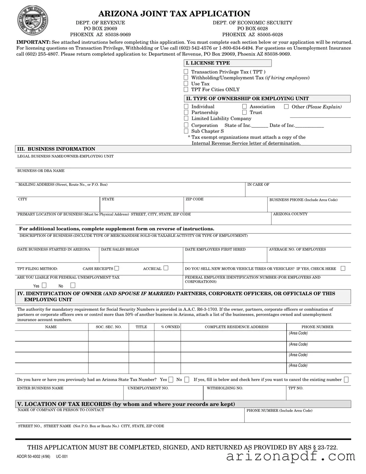 Fill in a Valid Arizona Joint Tax Application Template