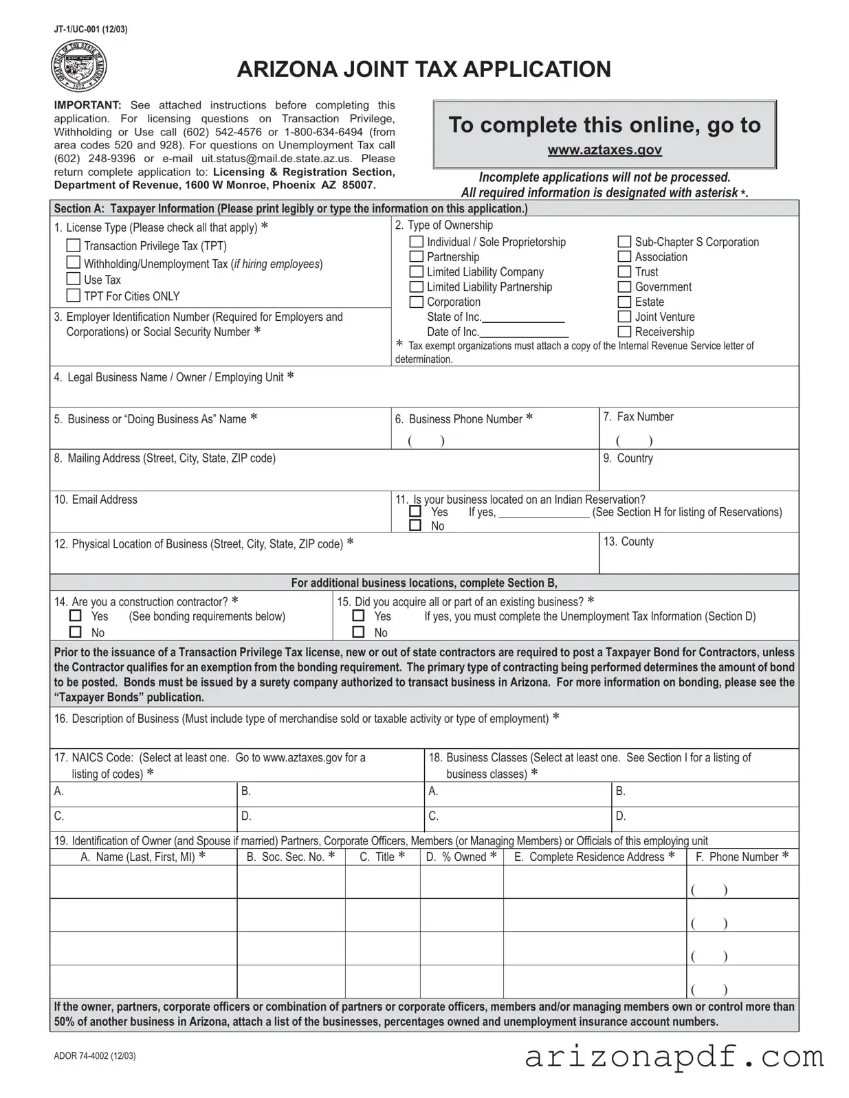 Fill in a Valid Arizona Jt 1 Uc 001 Template