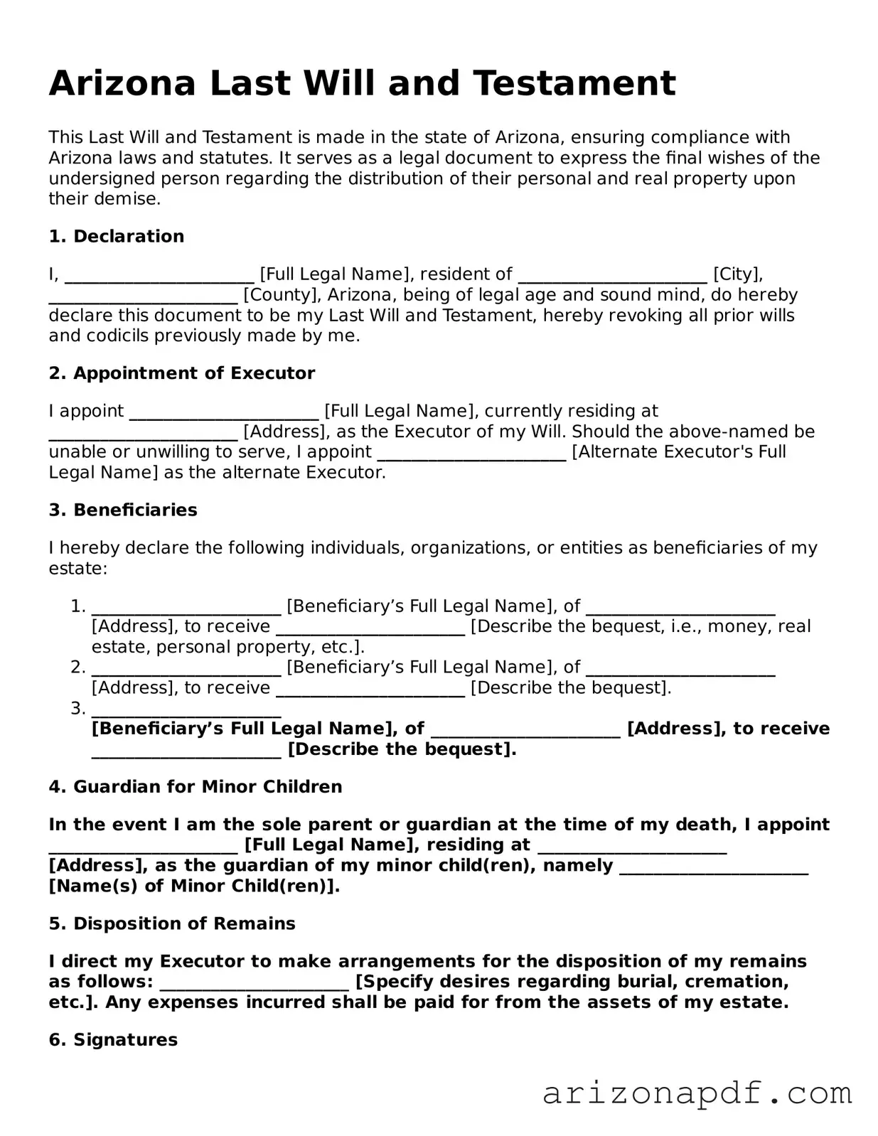 Legal Arizona Last Will and Testament Document