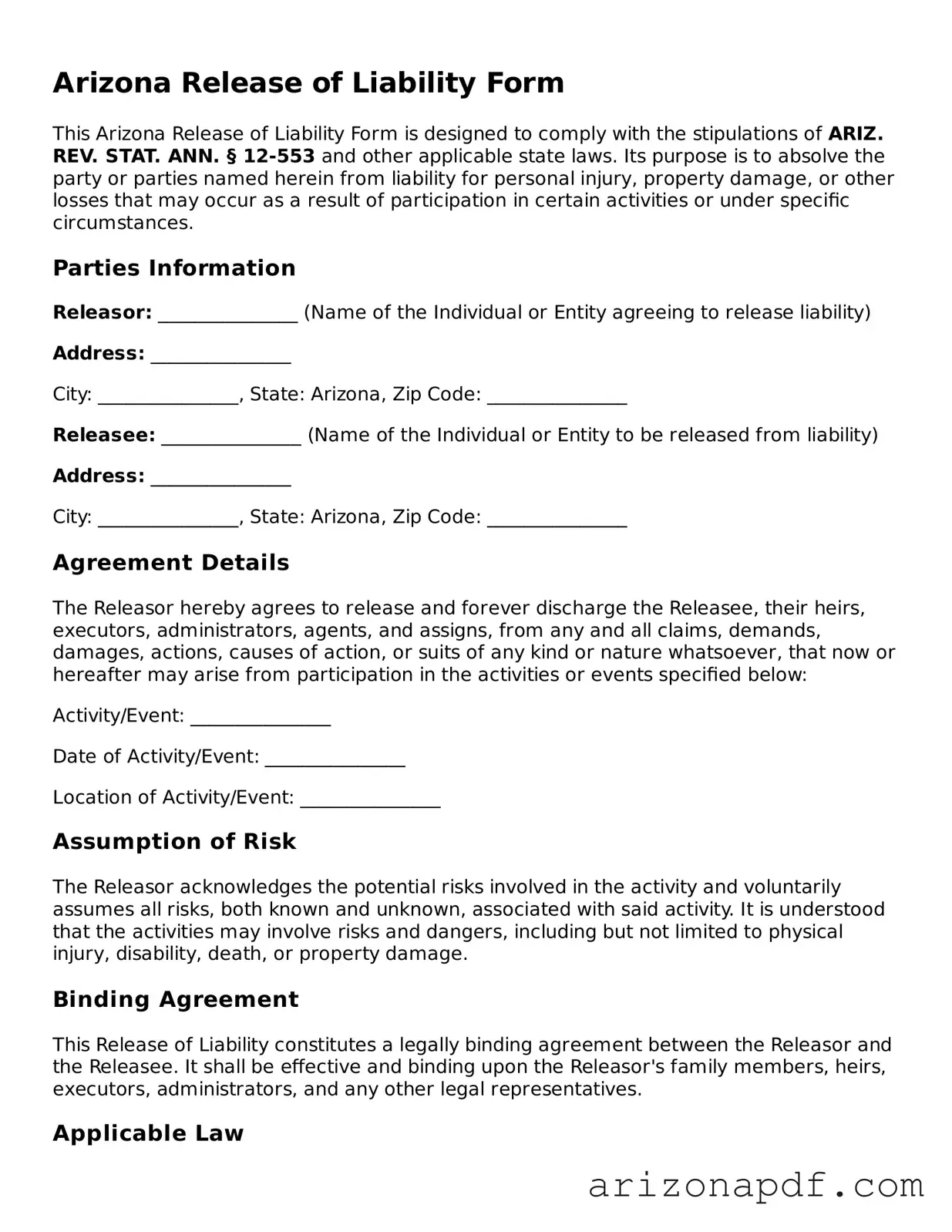 Legal Arizona Release of Liability Document