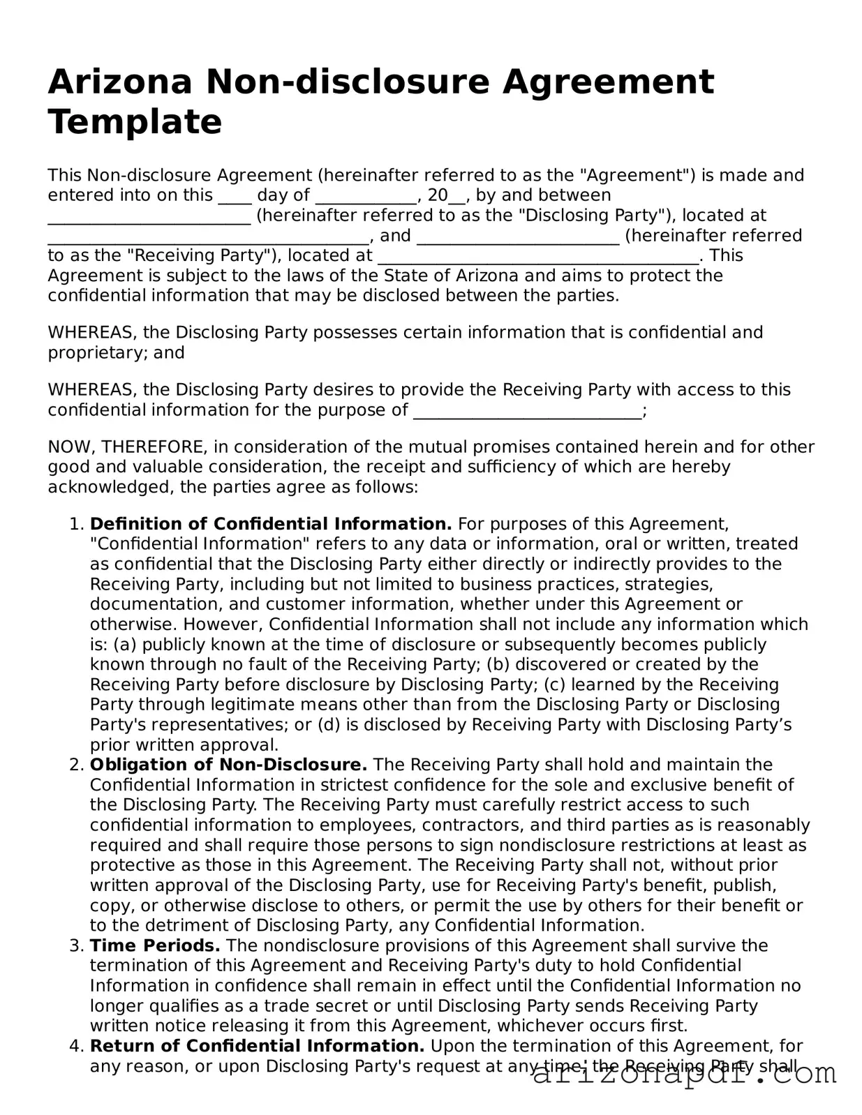 Legal Arizona Non-disclosure Agreement Document