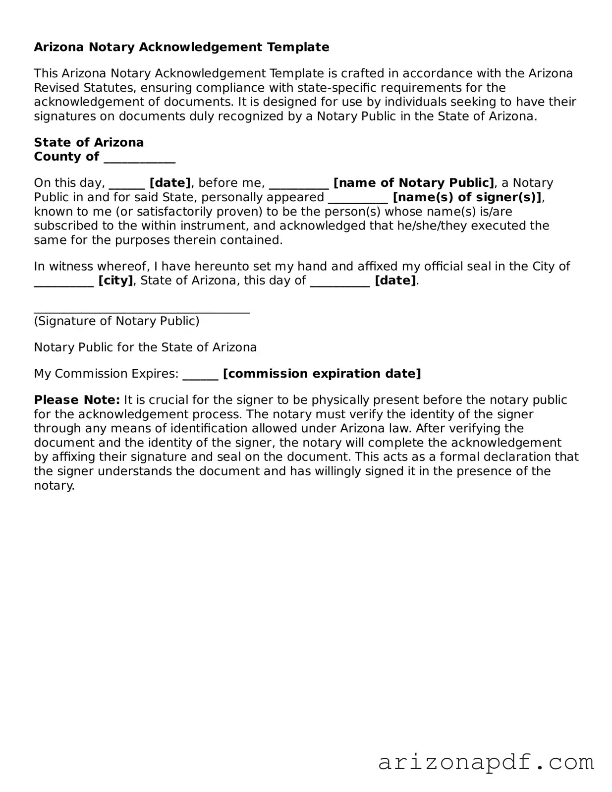 Legal Arizona Notary Acknowledgement Document