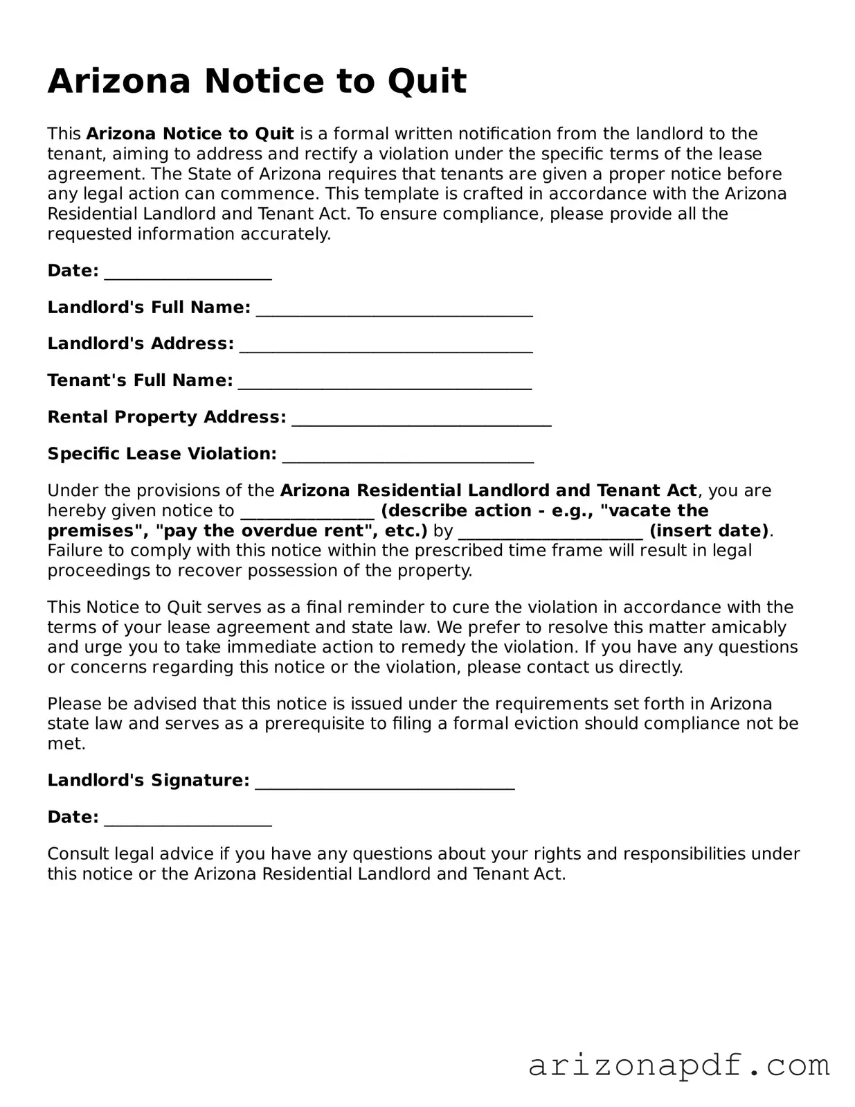 Legal Arizona Notice to Quit Document