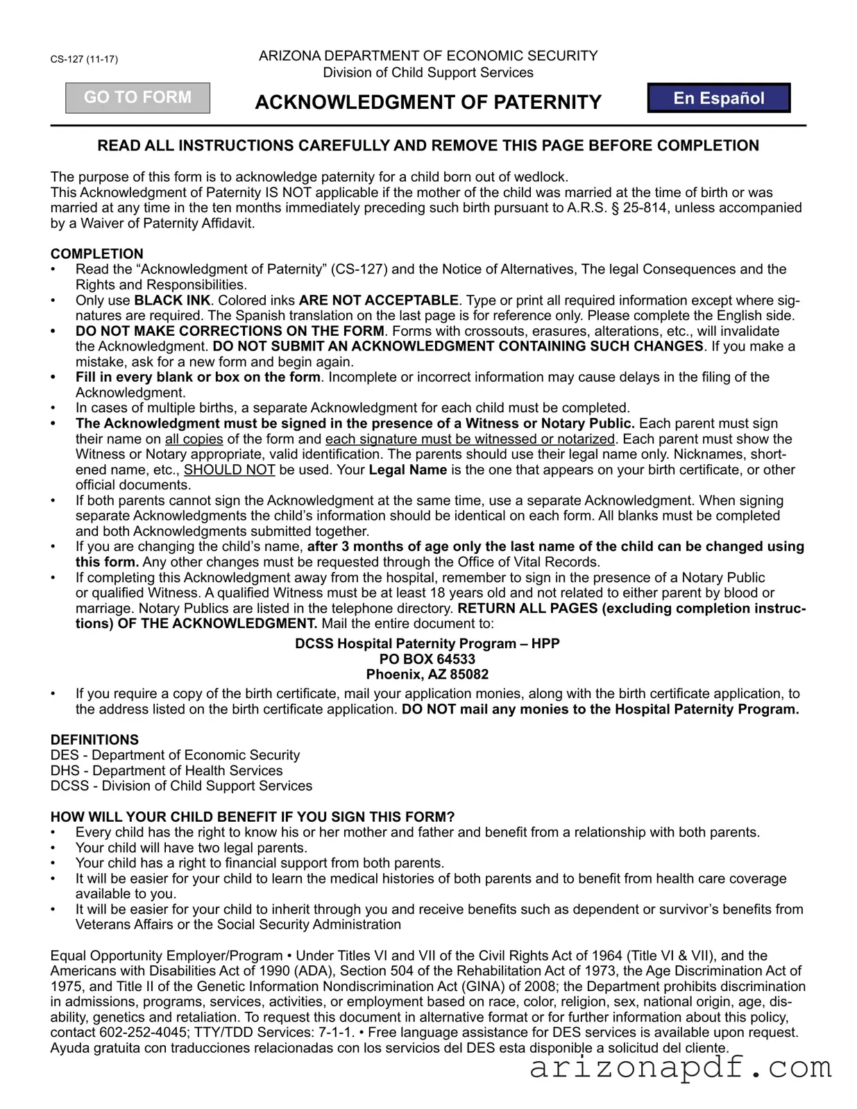 Fill in a Valid Arizona Paternity Template