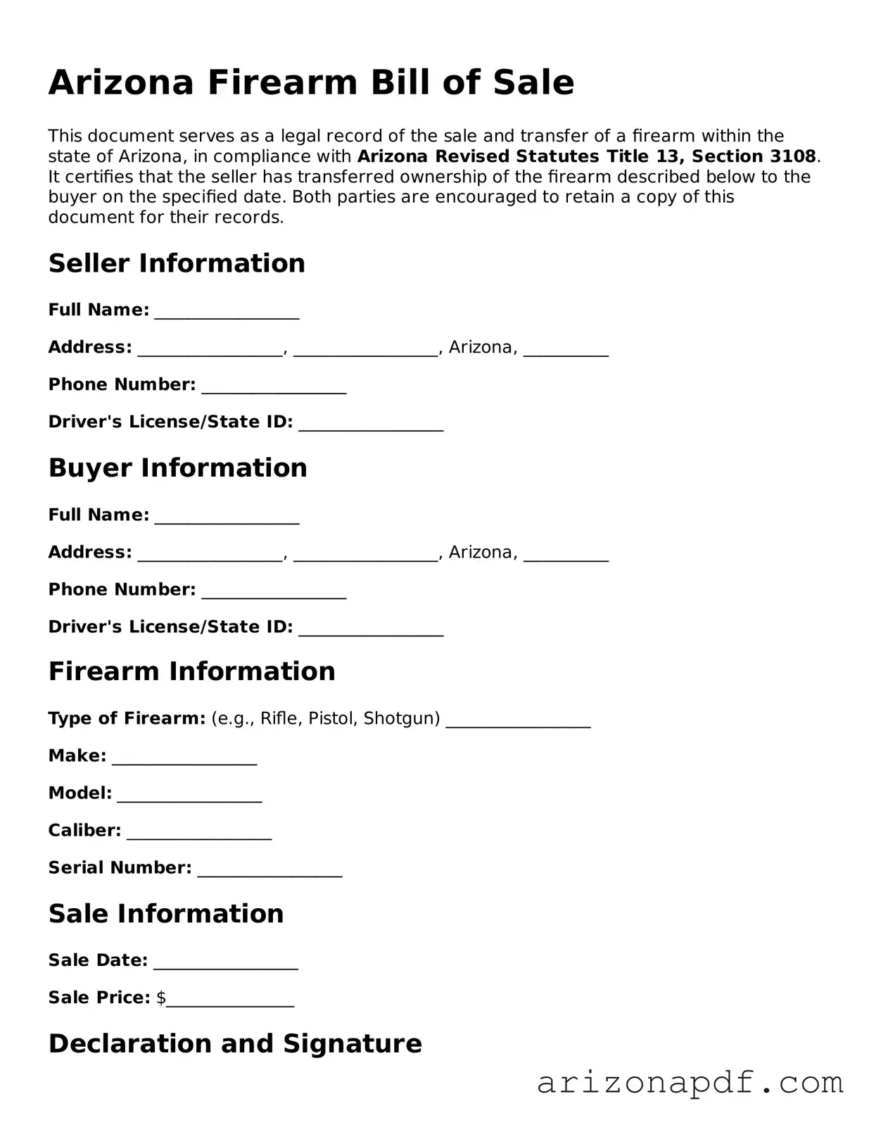 Legal Arizona Firearm Bill of Sale Document