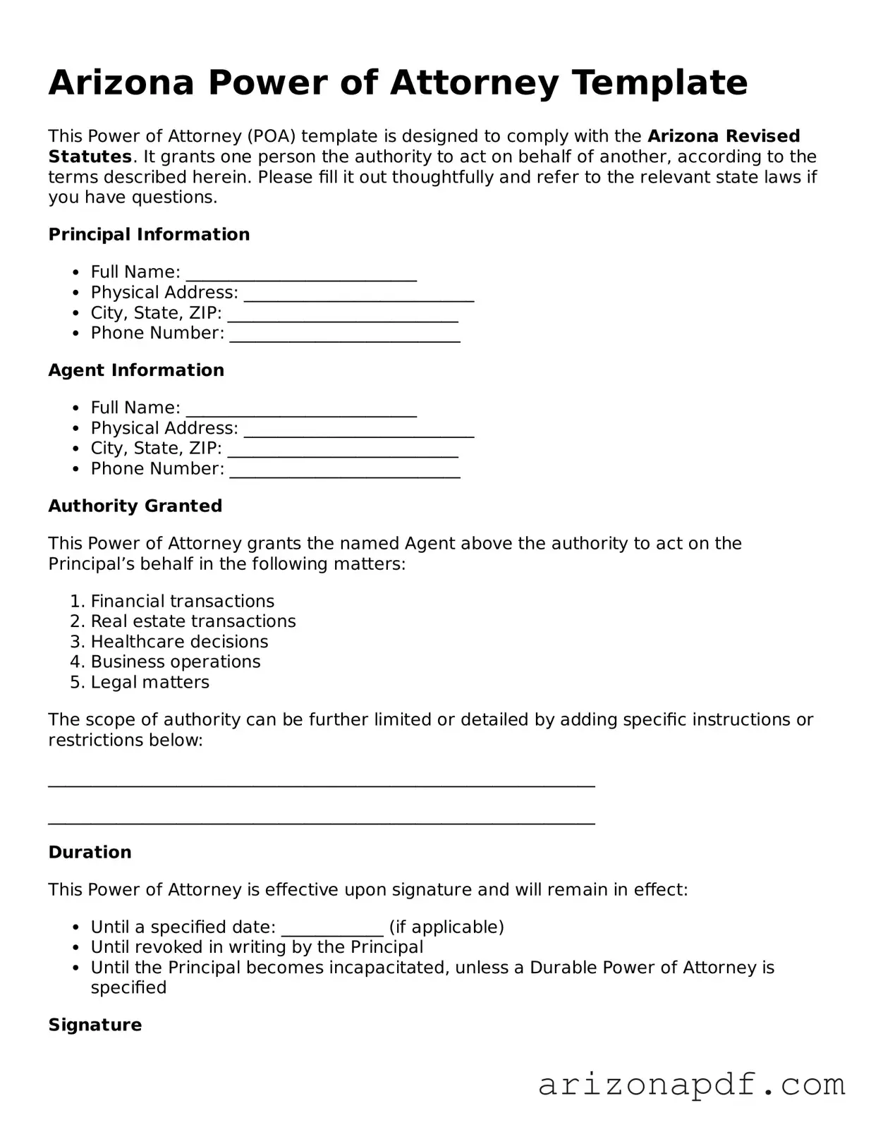 Legal Arizona Power of Attorney Document