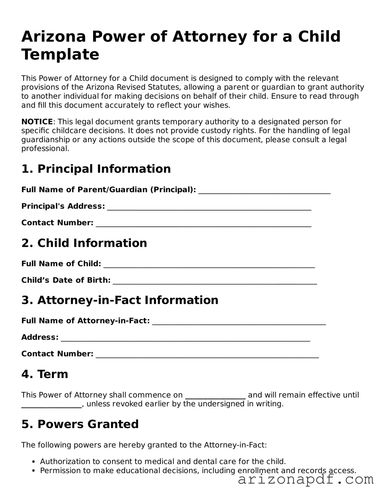 Legal Arizona Power of Attorney for a Child Document