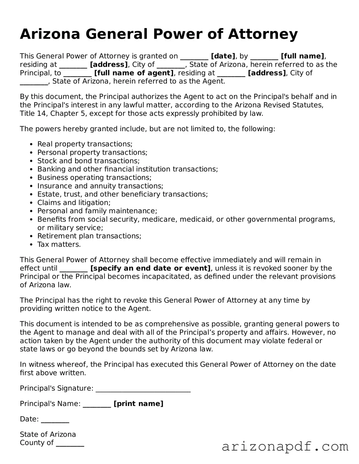 Legal Arizona General Power of Attorney Document