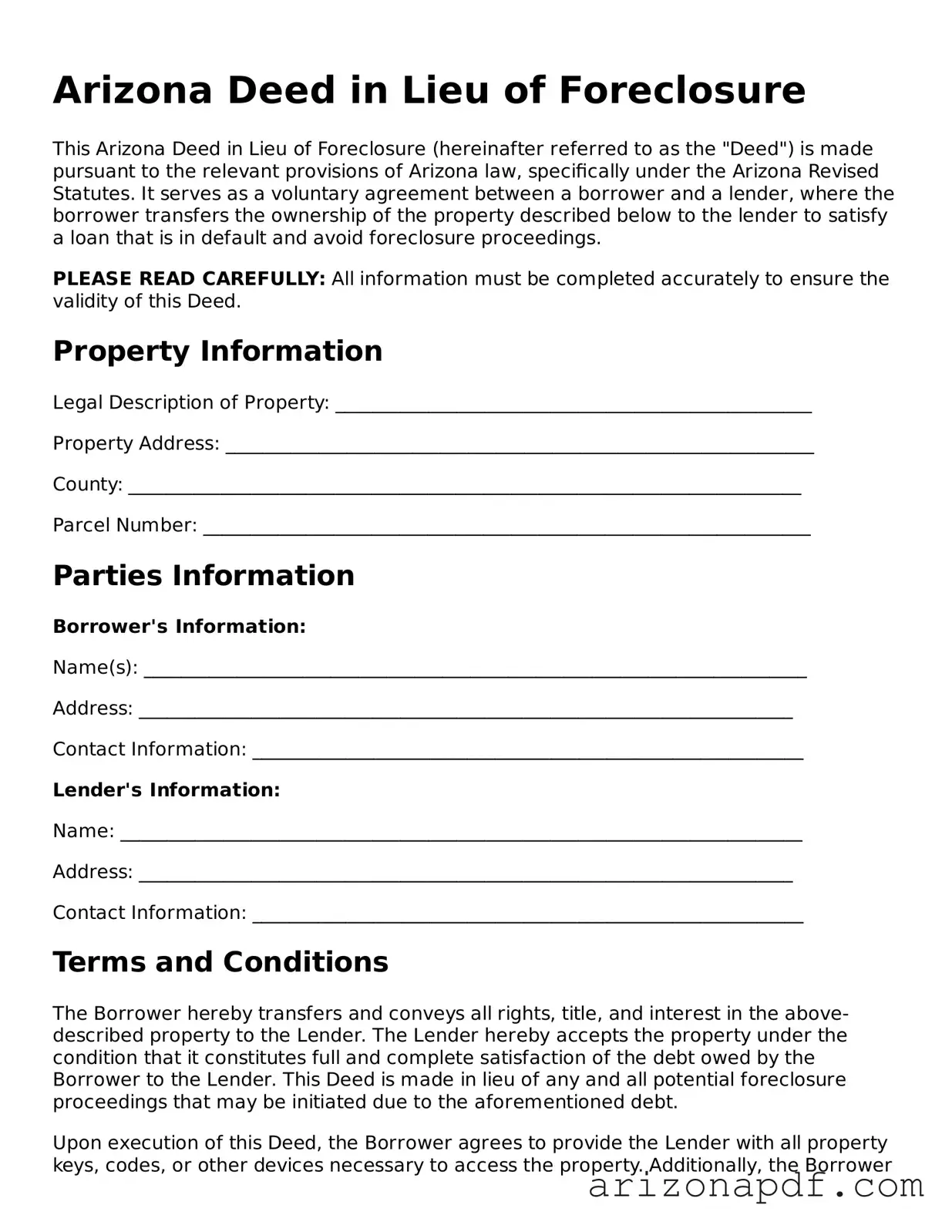 Legal Arizona Deed in Lieu of Foreclosure Document