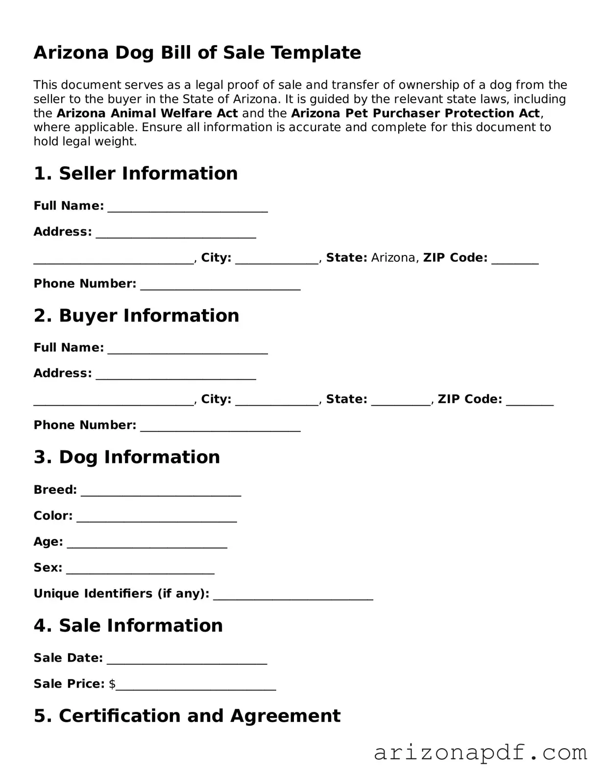 Legal Arizona Dog Bill of Sale Document
