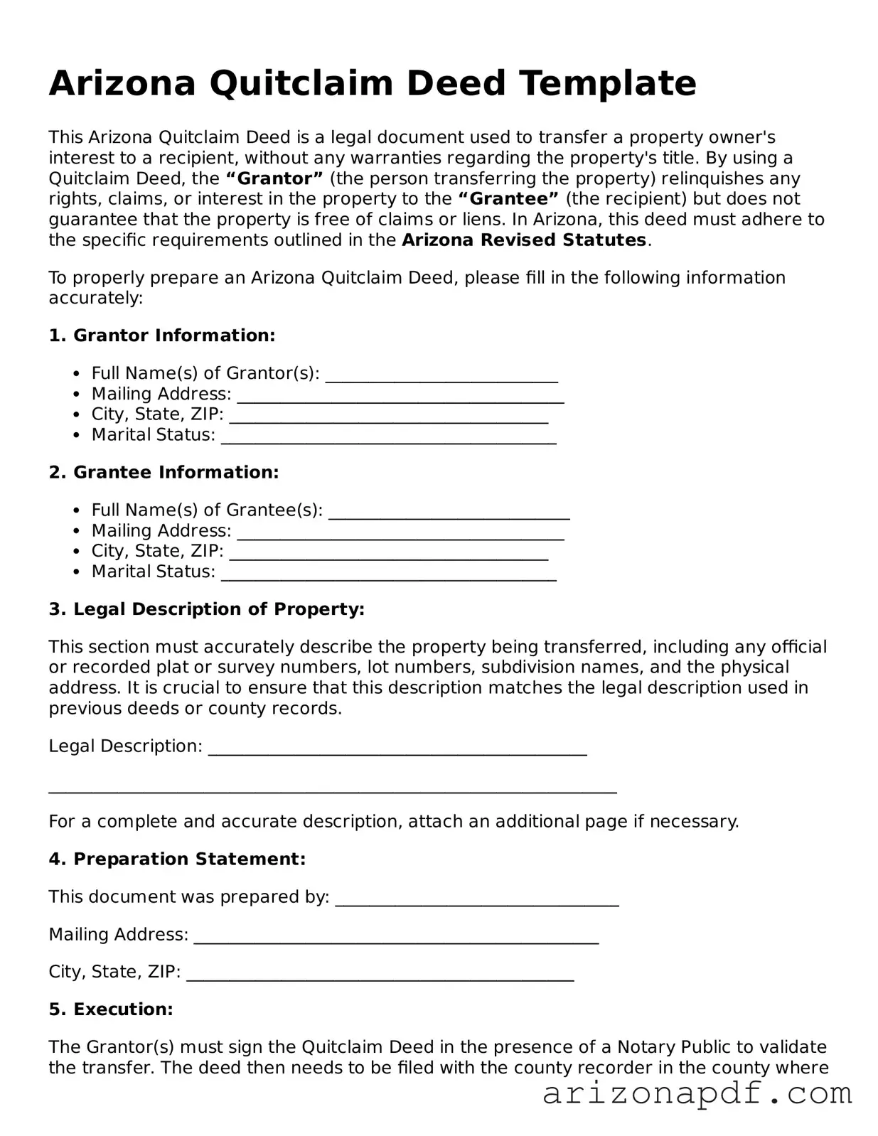 Legal Arizona Quitclaim Deed Document