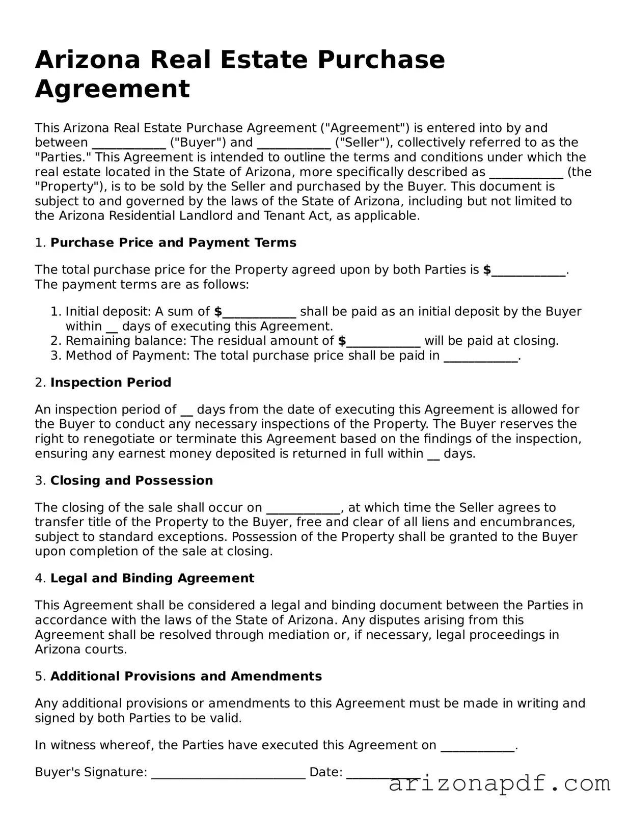 Legal Arizona Real Estate Purchase Agreement Document