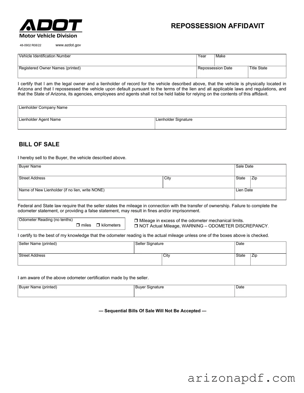Fill in a Valid Arizona Repossession Affidavit Template