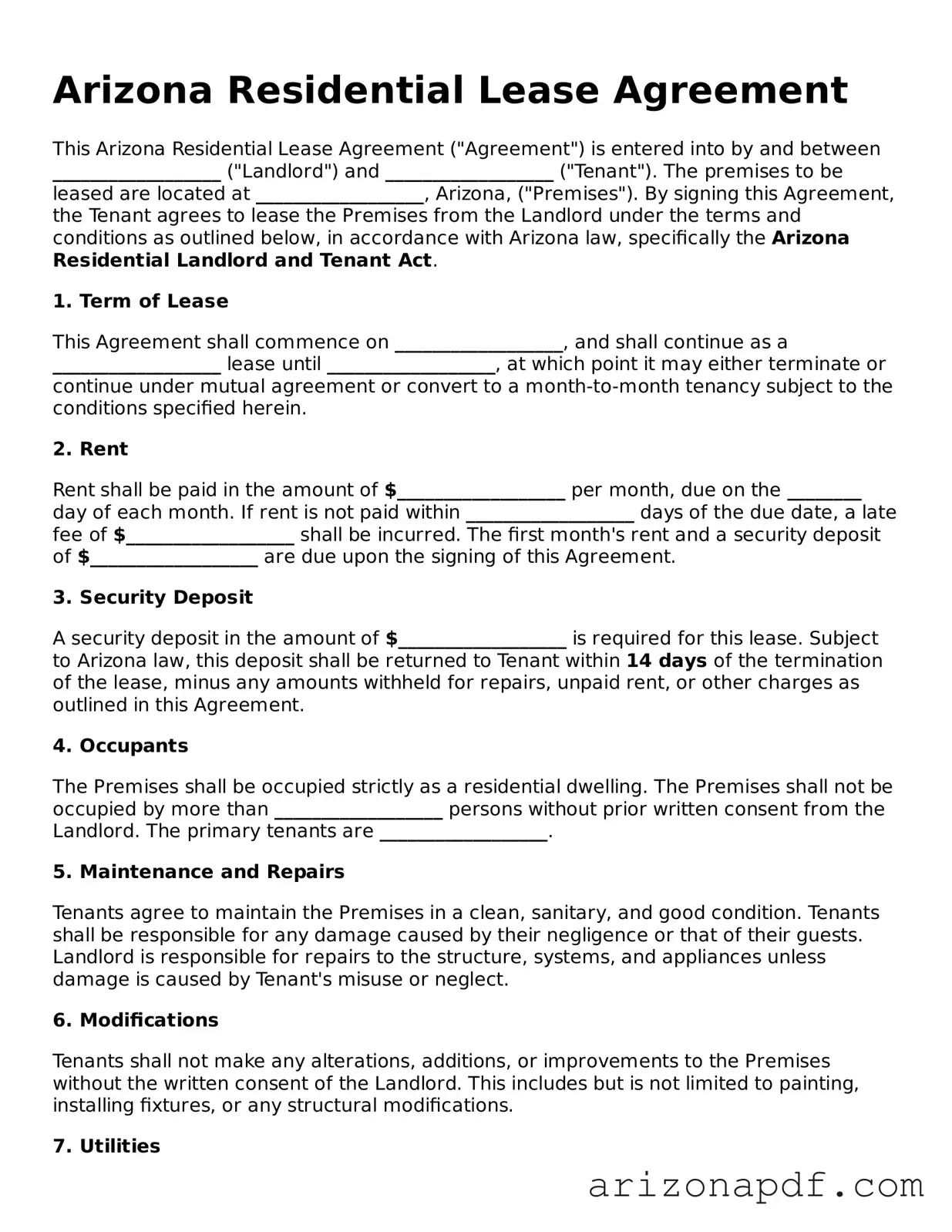 Legal Arizona Residential Lease Agreement Document