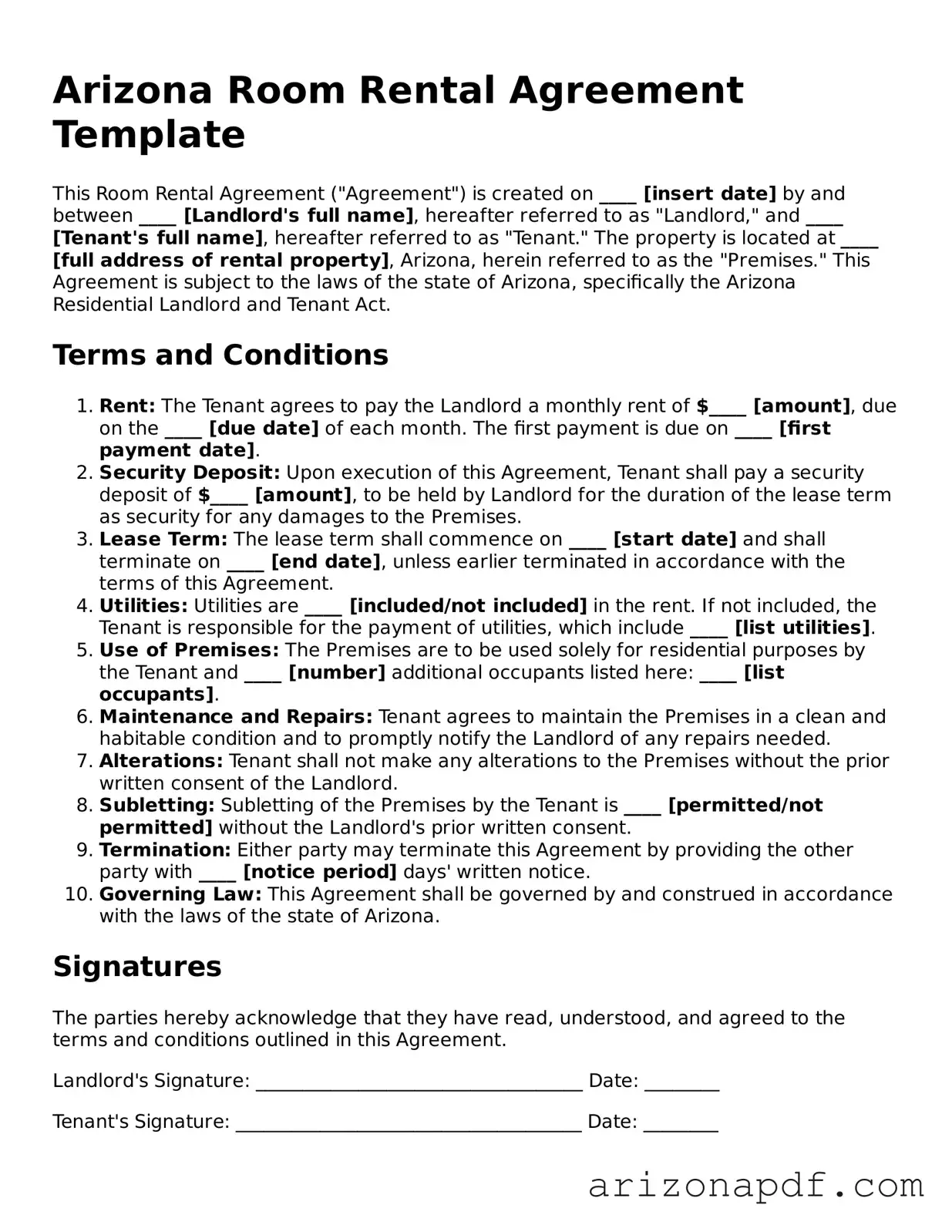 Legal Arizona Room Rental Agreement Document