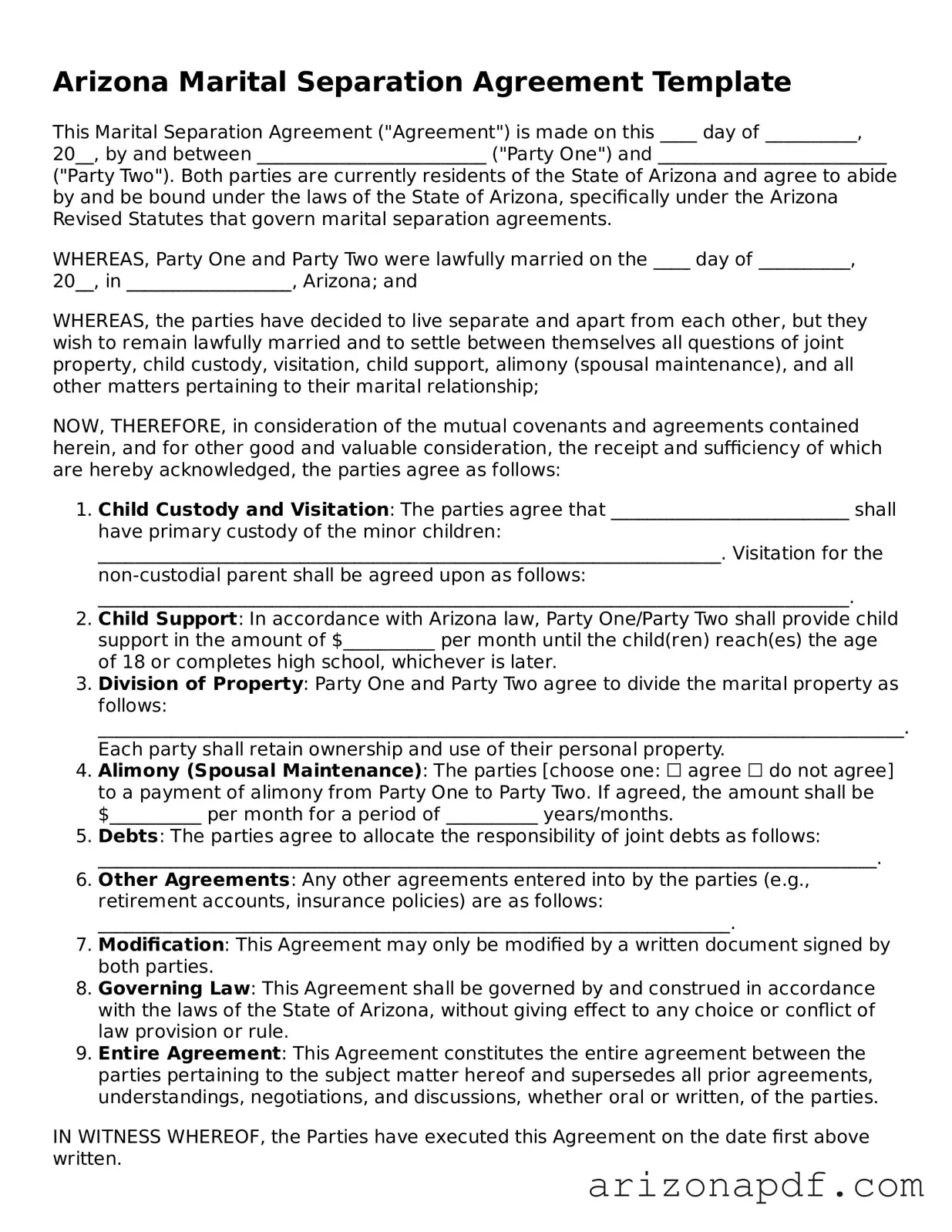 Legal Arizona Marital Separation Agreement Document