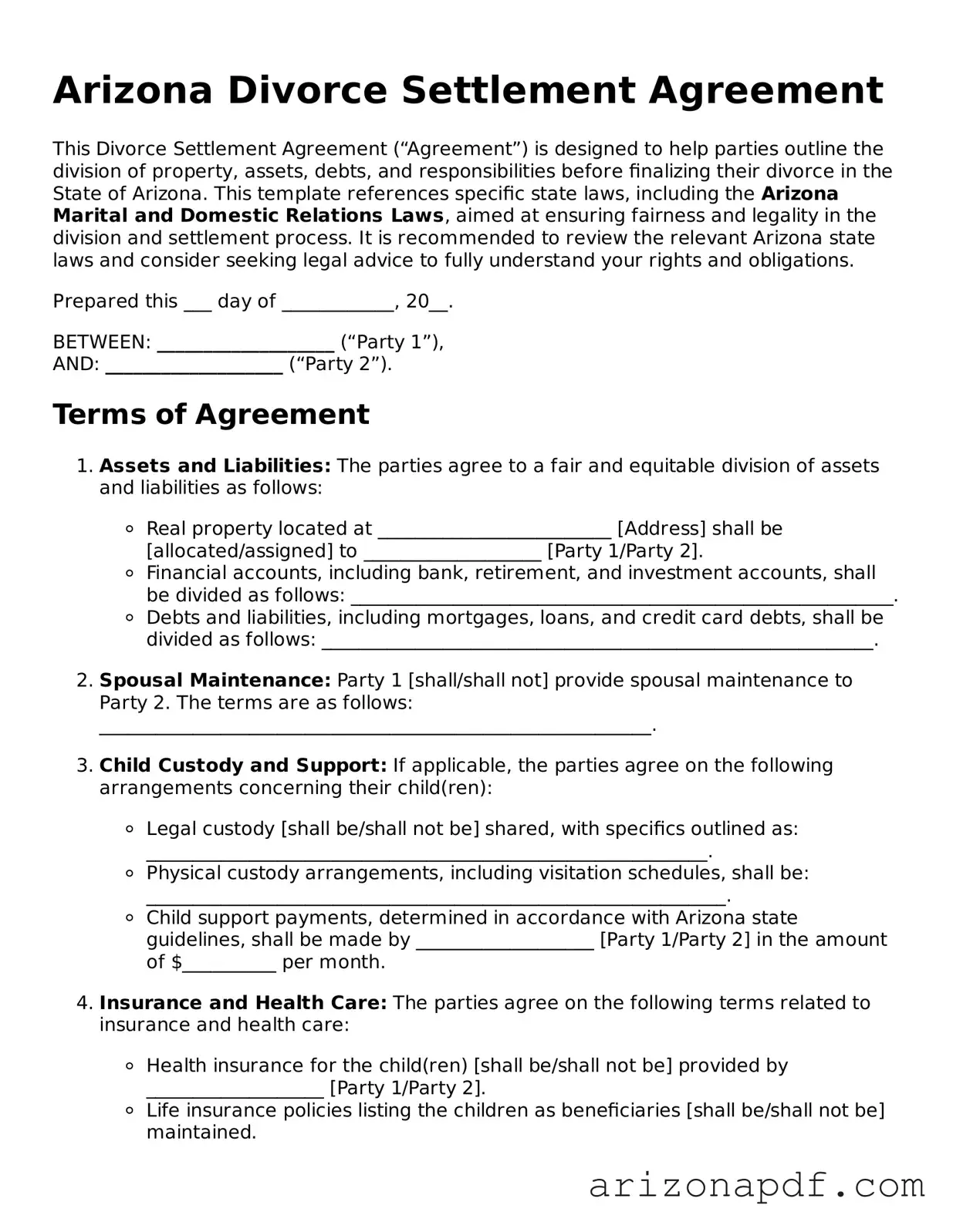 Legal Arizona Divorce Settlement Agreement Document