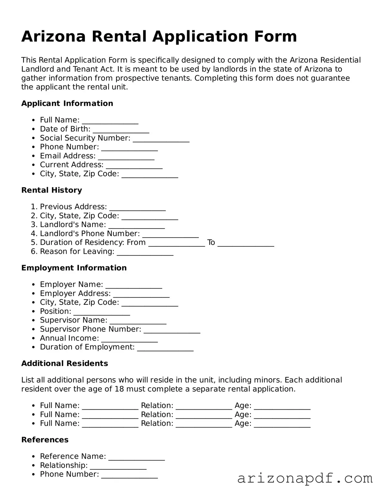 Legal Arizona Rental Application Document