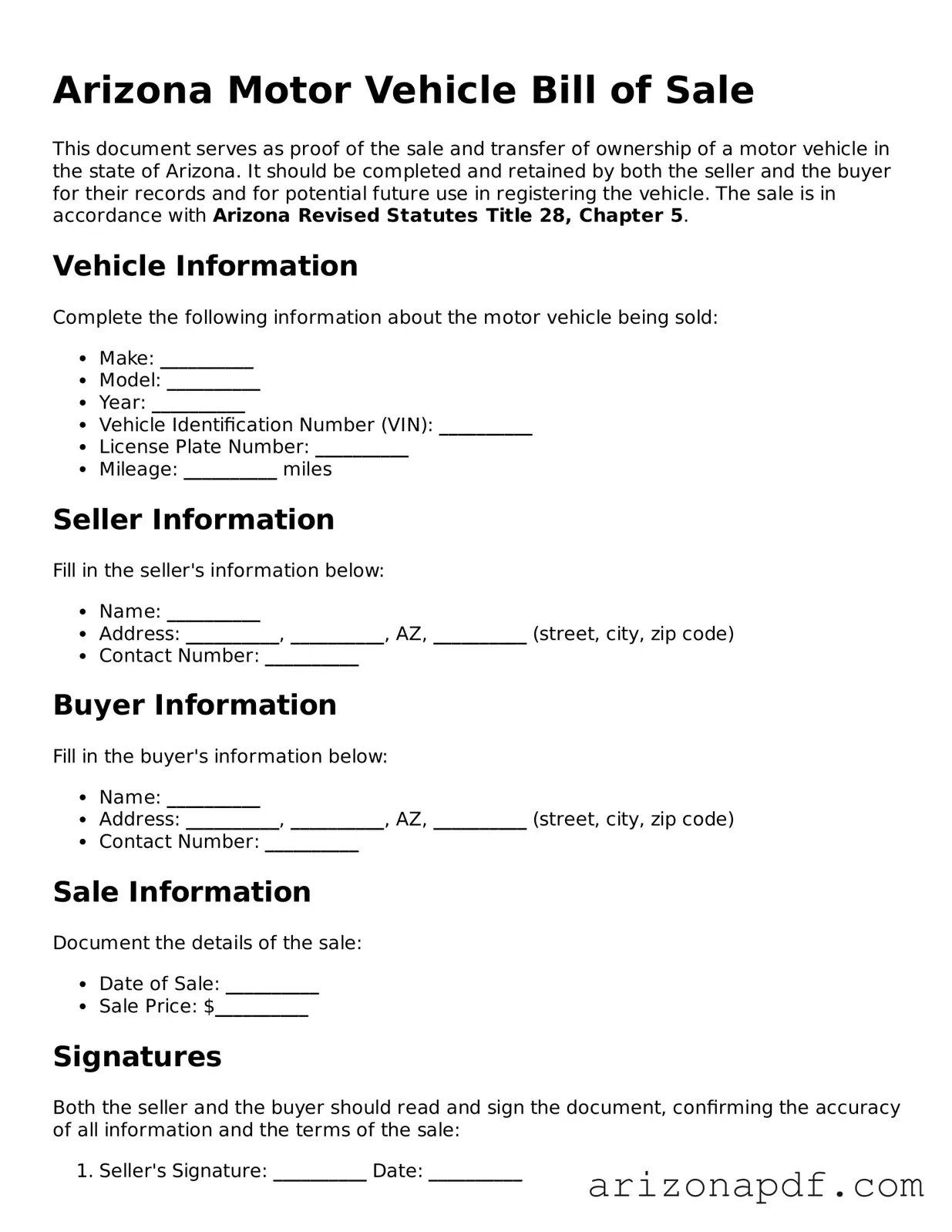 Legal Arizona Motor Vehicle Bill of Sale Document